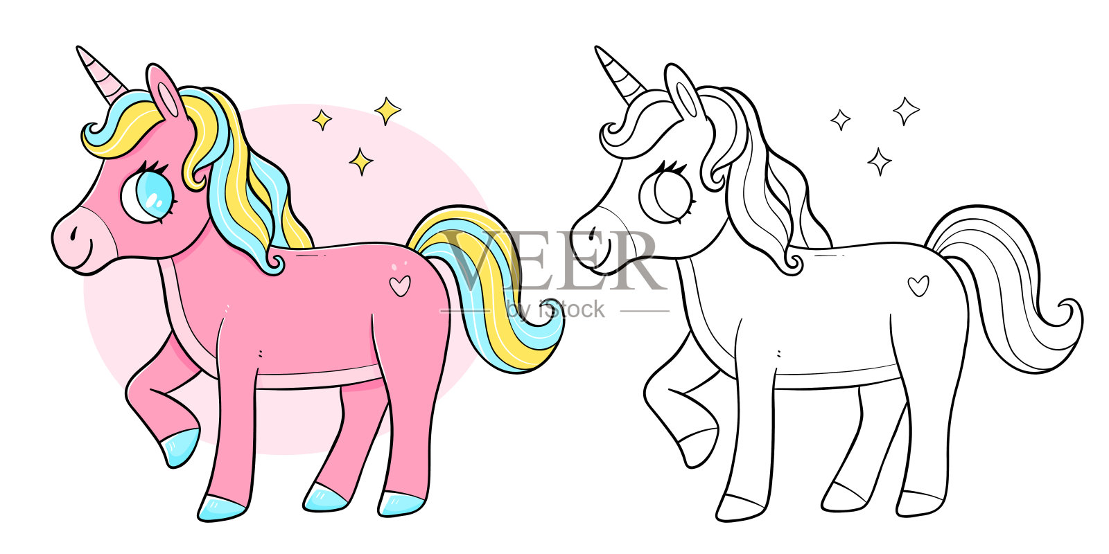 独角兽涂色书与儿童涂色的例子。马独角兽涂色页。单色版和彩色版。儿童插图。插画图片素材