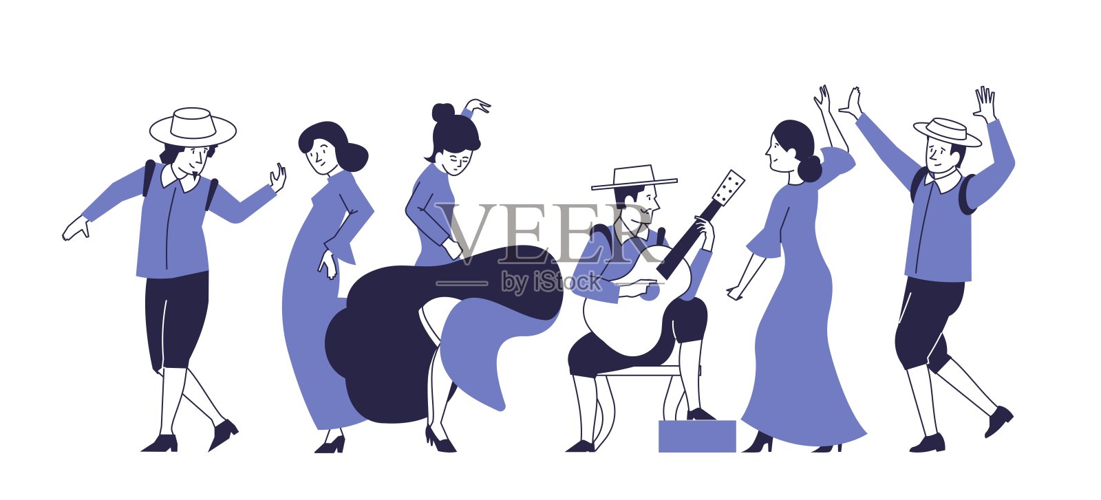 穿着传统服装的舞者跳弗拉门戈舞。民间艺术家的表演。插画图片素材