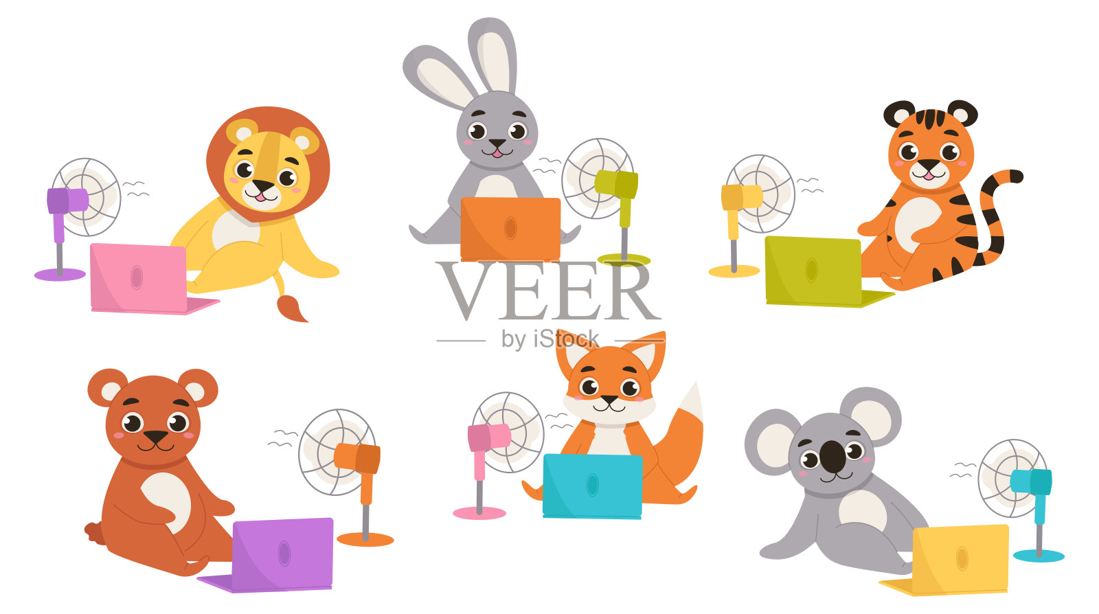 一组卡通动物坐在地板上，拿着笔记本电脑和风扇。熊、野兔、狐狸、狮子、老虎和考拉在炎热的天气里使用通风设备。插画图片素材