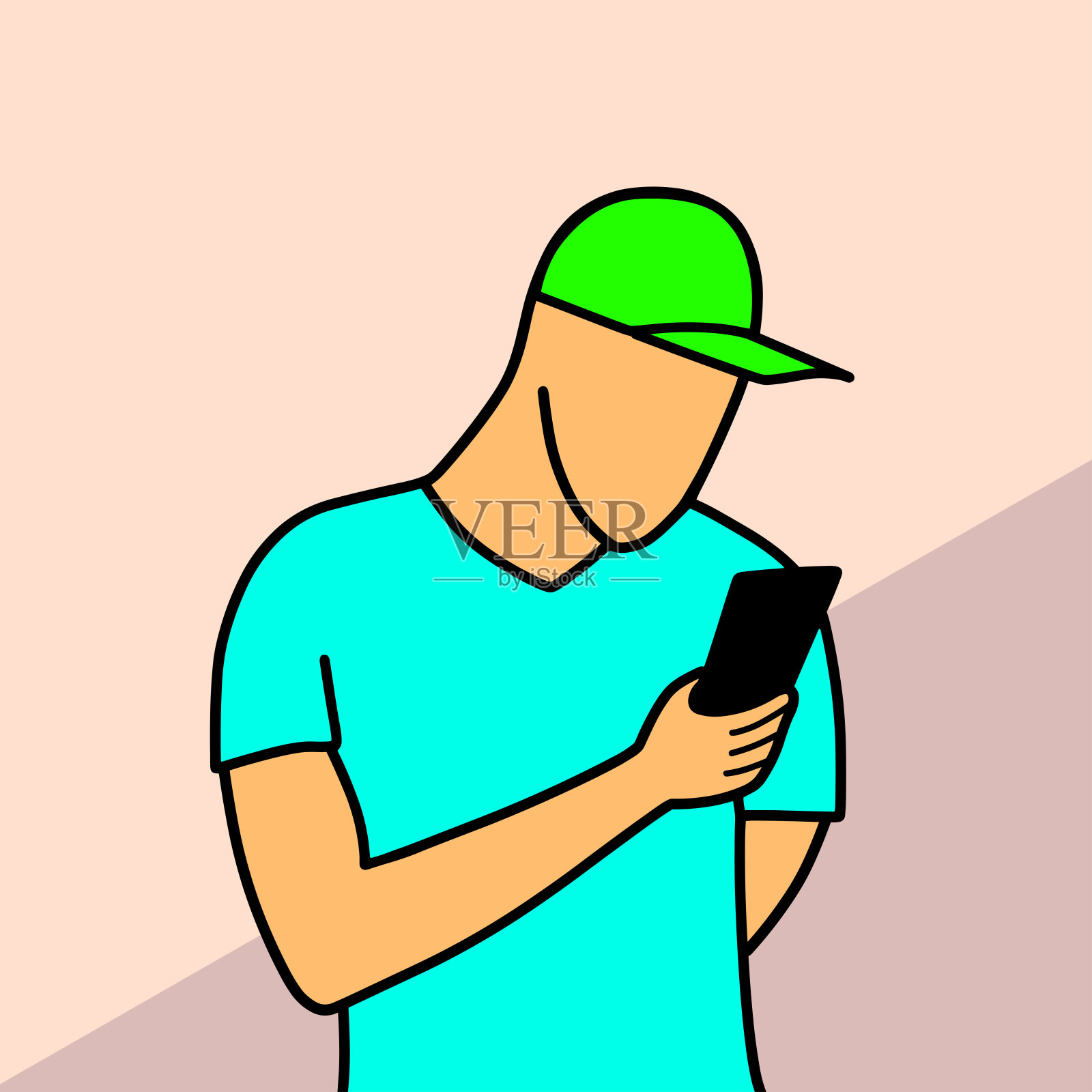 戴帽子的人用手机卡通矢量插图彩色背景插画图片素材