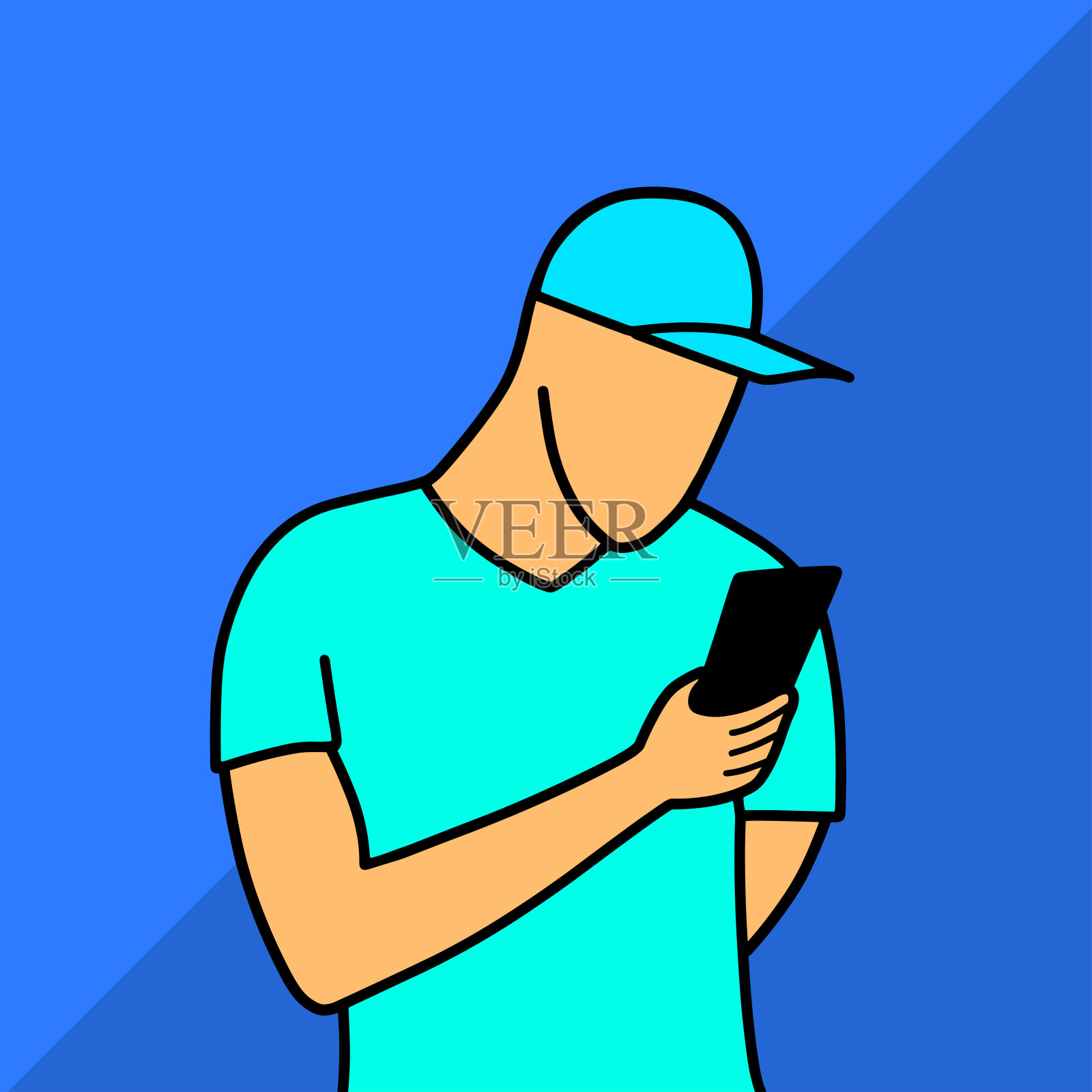 戴帽子的人用手机卡通矢量插图彩色背景插画图片素材