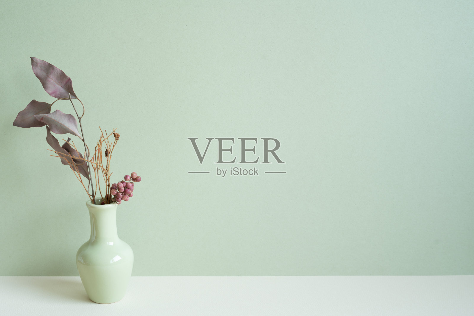 白色桌子上的一瓶干花。薄荷墙背景。本空间照片摄影图片