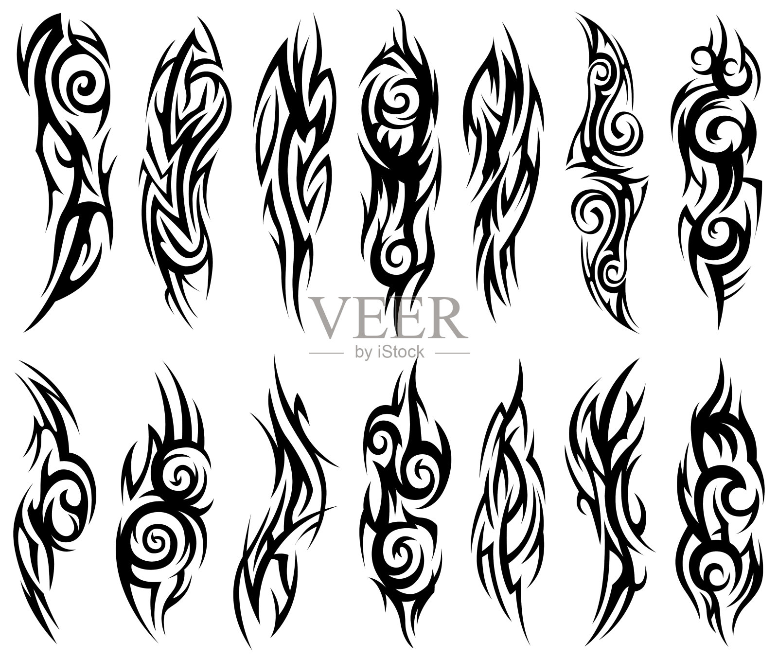 部落纹身收藏。轮廓图。孤立的抽象元素集。插画图片素材