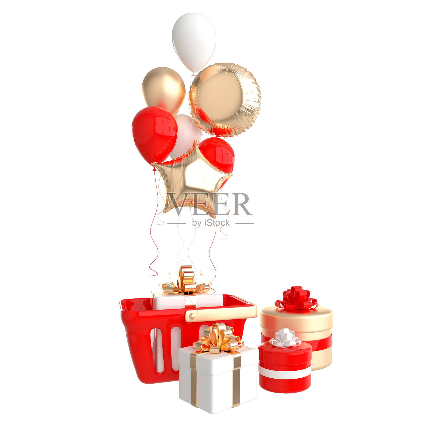 一套有光泽的彩色箔气球和礼物盒。网上购物的概念。3d渲染插图孤立的白色。红色和金色照片摄影图片