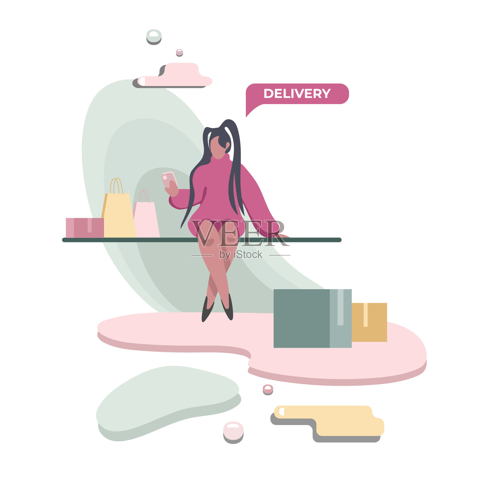 无脸女孩通过移动应用程序矢量订购她购买的商品插画图片素材