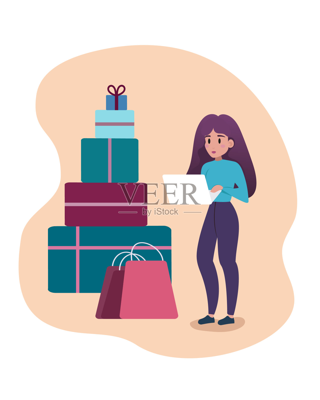 漂亮的女人拿着笔记本电脑，站在袋子和盒子旁边，在网上购物插画图片素材