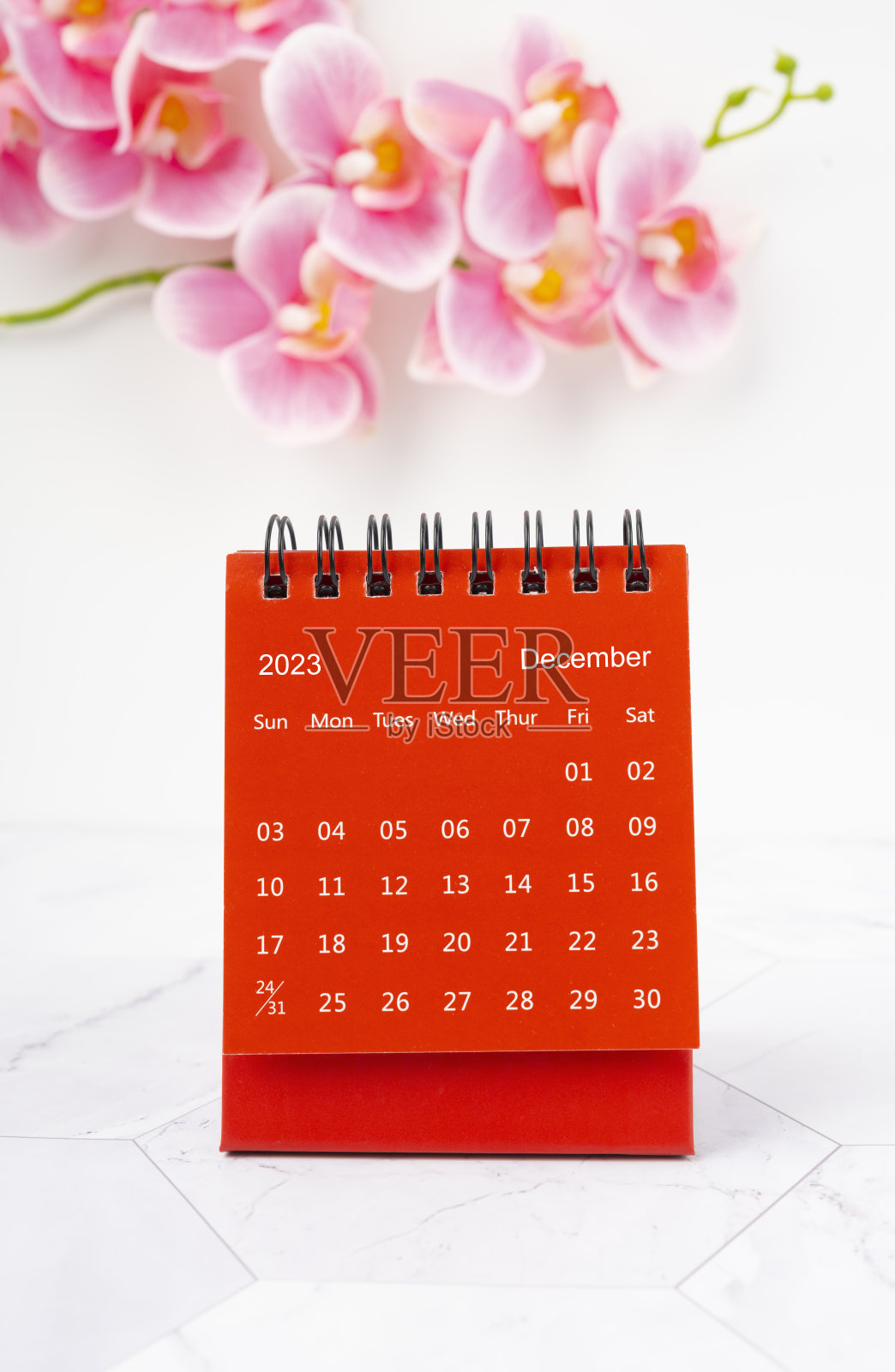 红历2023年12月。2023年台历，大理石背景粉红色兰花。照片摄影图片