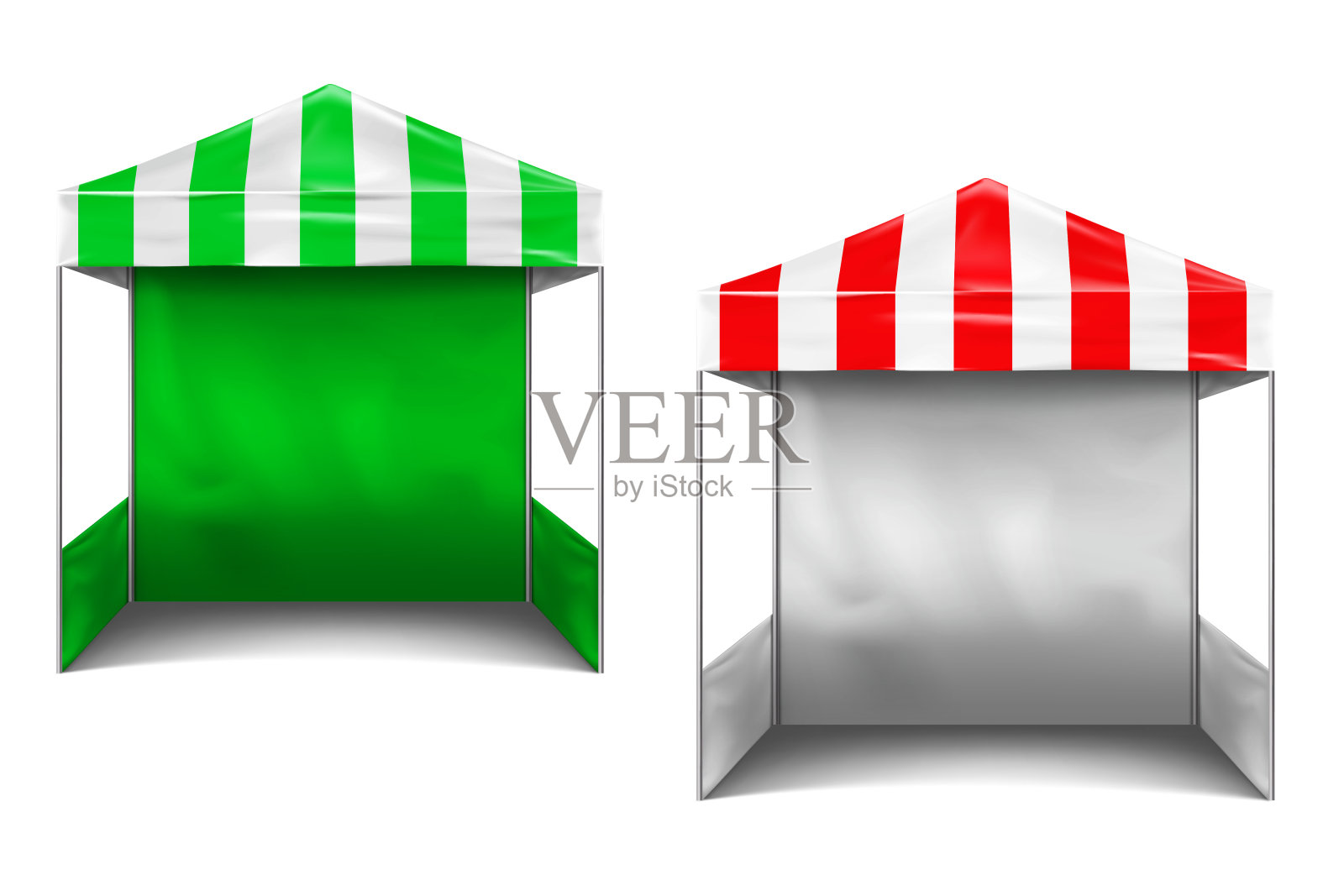 条纹红色，绿色和白色顶篷帐篷与背部和侧壁矢量模型。弹出式凉亭现实模型。可折叠的活动帐篷。设计模板插画图片素材