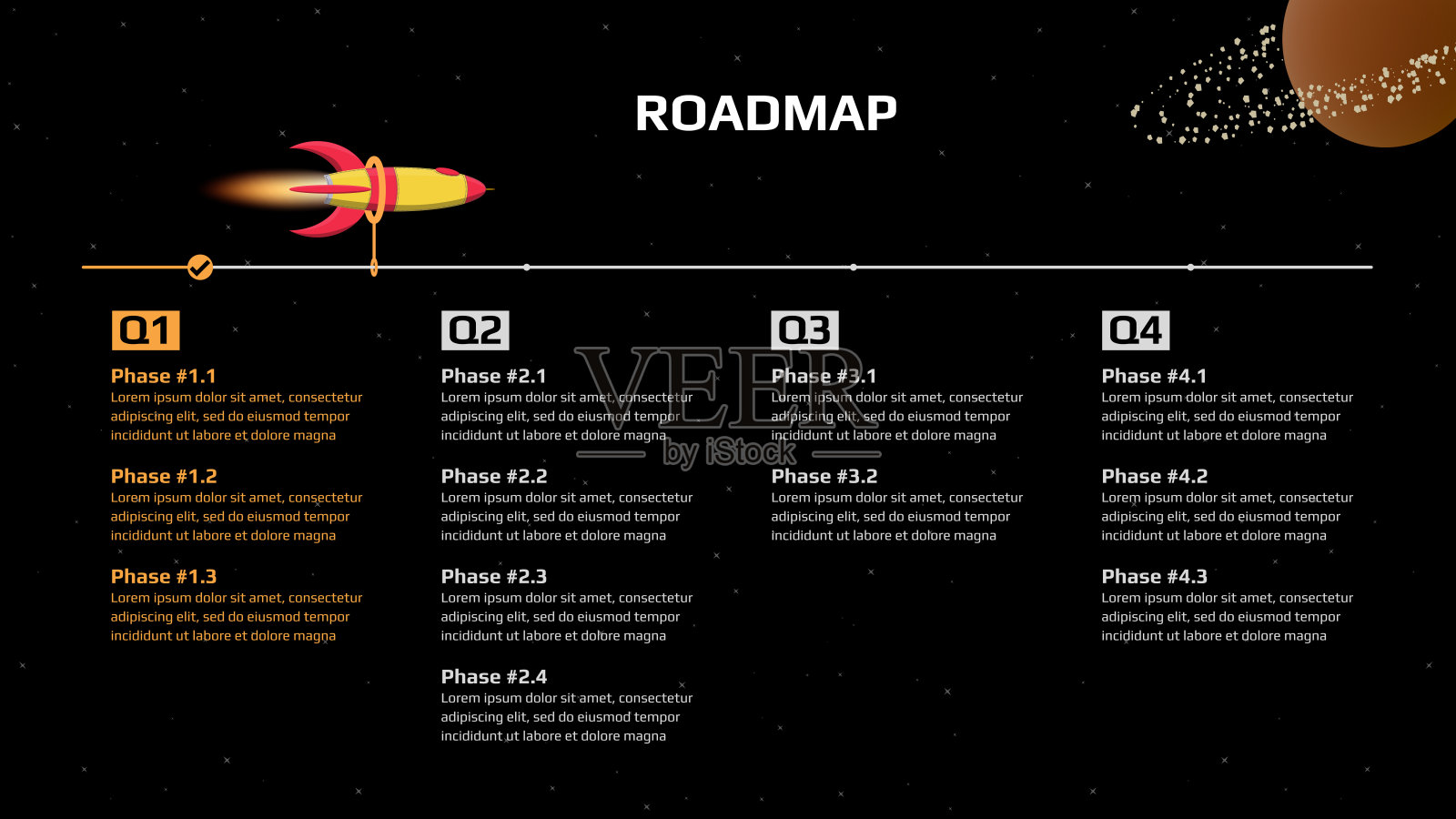 水平季度路线图与火箭和里程碑在空间黑色背景。时间轴信息图表模板的业务演示。插画图片素材