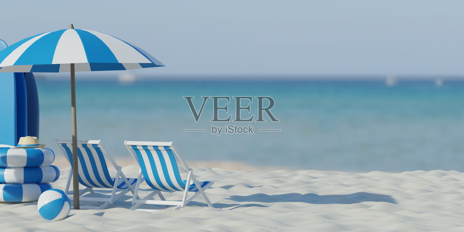 3 d渲染。美丽的海滩。海边沙滩上的椅子。暑假和度假旅游的概念。鼓舞人心的热带景观。宁静的风景，轻松的沙滩，热带景观设计照片摄影图片