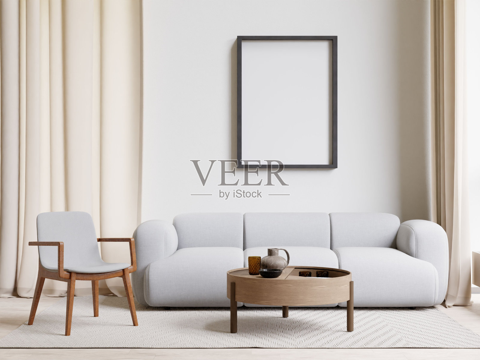 一个现代客厅的3D渲染，舒适的沙发靠墙照片摄影图片