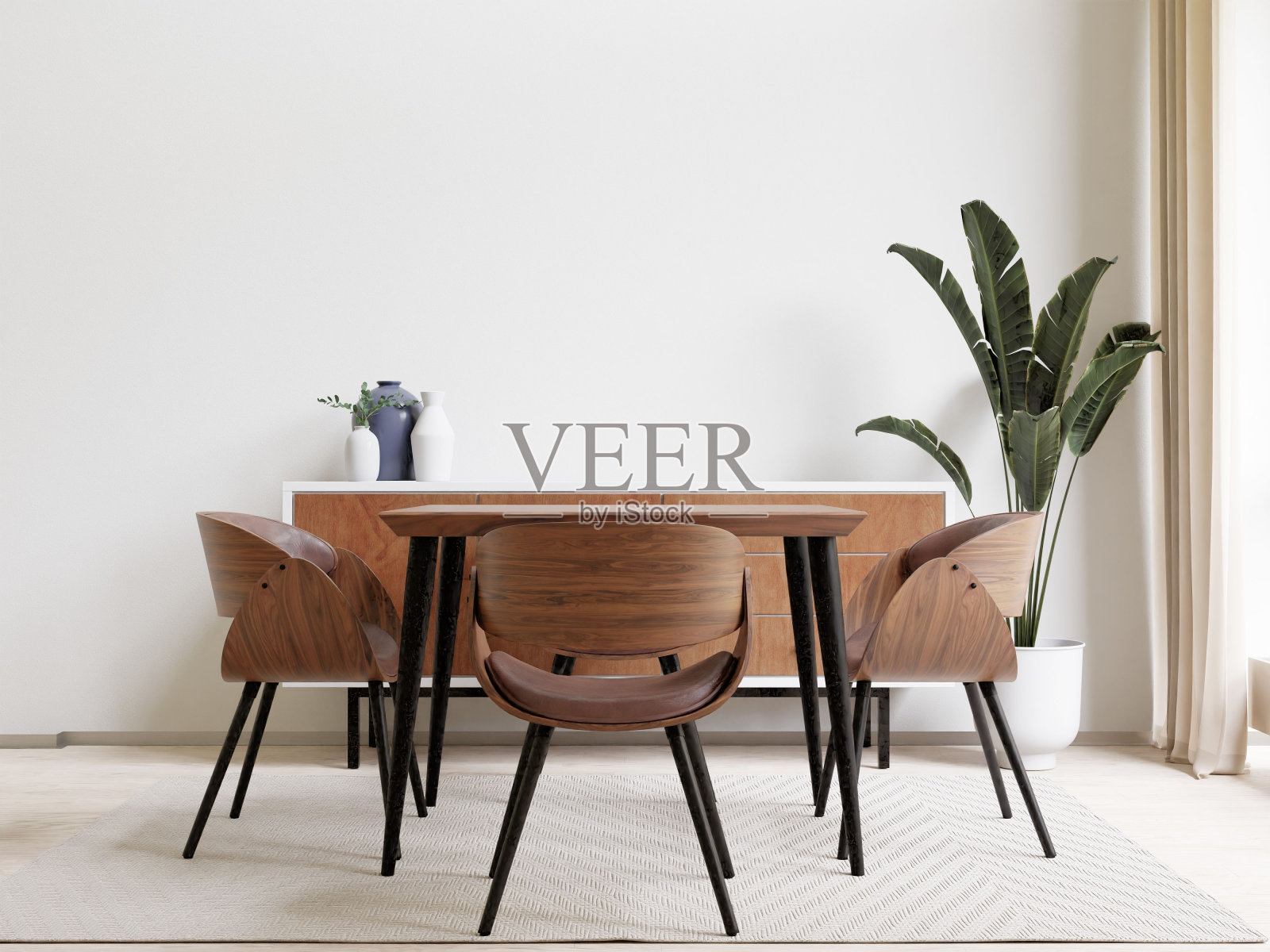 一个现代餐厅的3D渲染，有舒适的椅子和桌子照片摄影图片