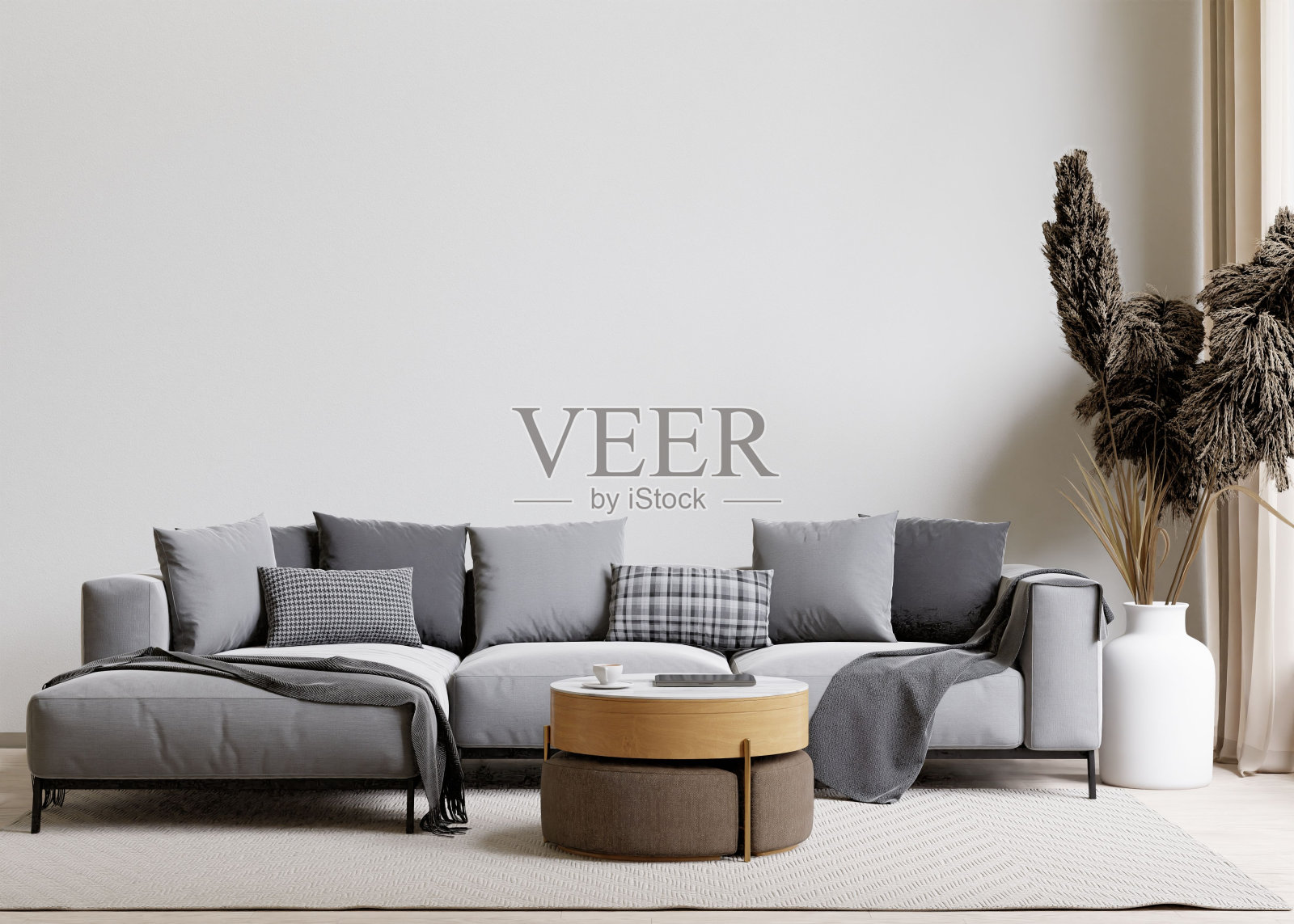 一个现代客厅的3D渲染，舒适的沙发靠墙照片摄影图片