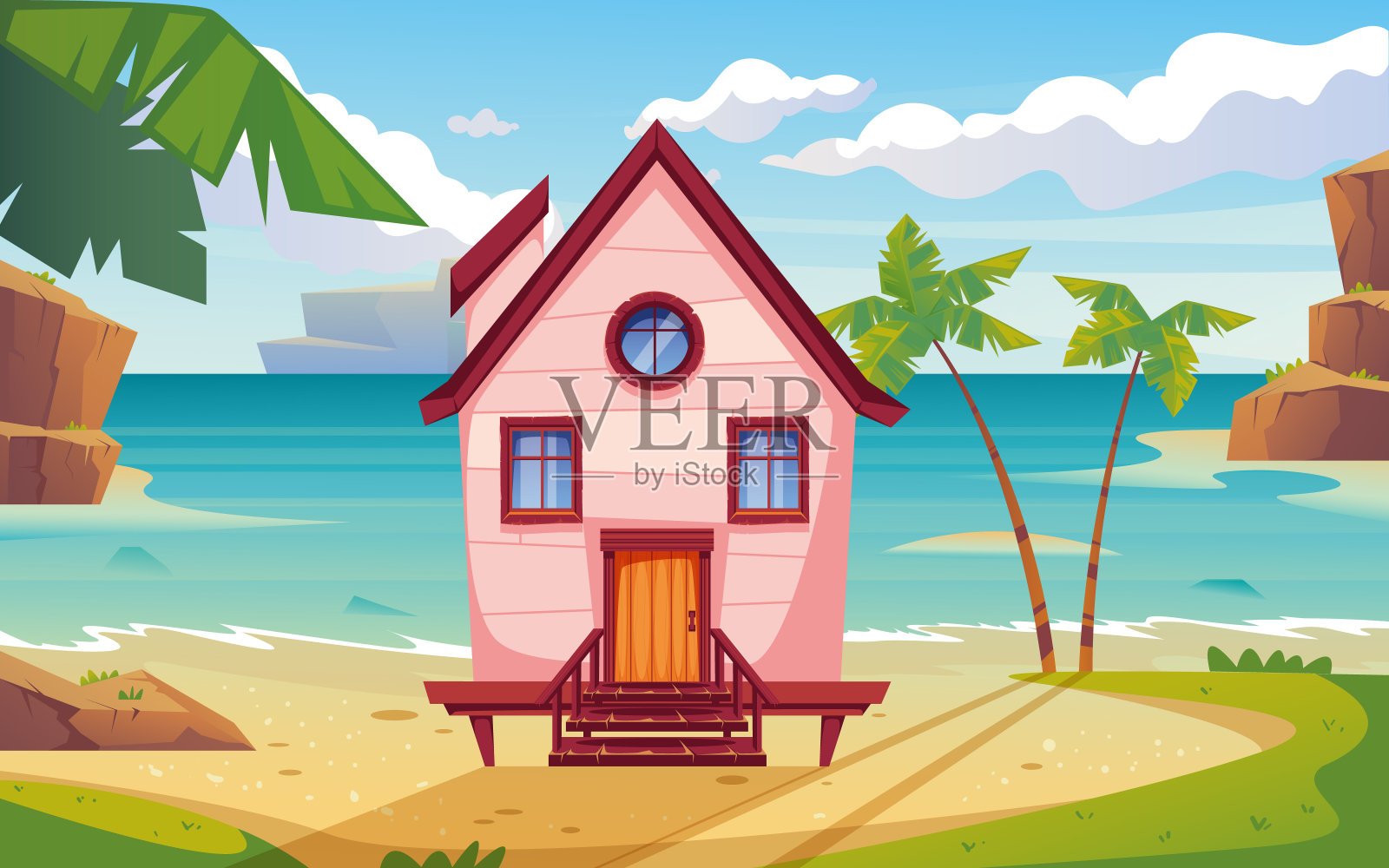 海岛湖海屋城海滨景观小镇酒店度假概念。矢量图形设计插图插画图片素材