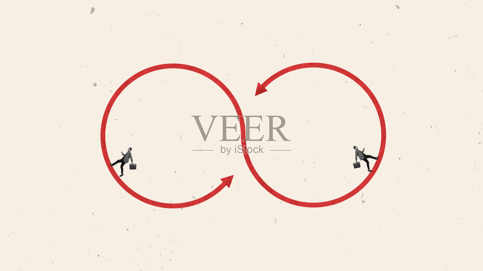 当代艺术拼贴画，商人，上班族在灯光工作室背景上绕着圈子跑。无穷功照片摄影图片