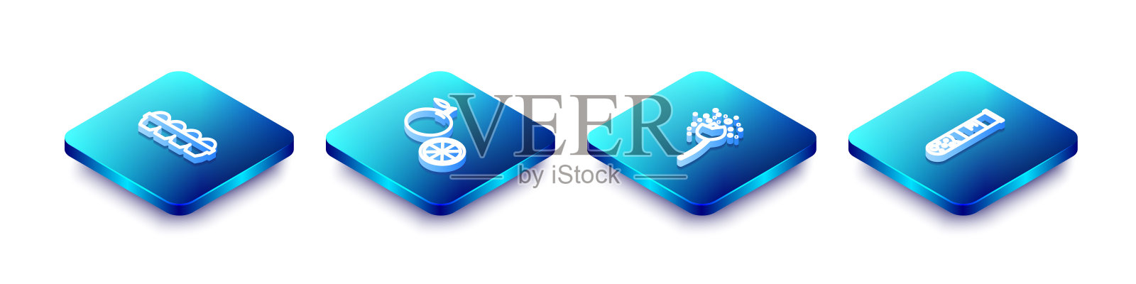 设置等距线鸡蛋在盒子里，橘子水果，花产生花粉和试管和烧瓶图标。向量图标素材