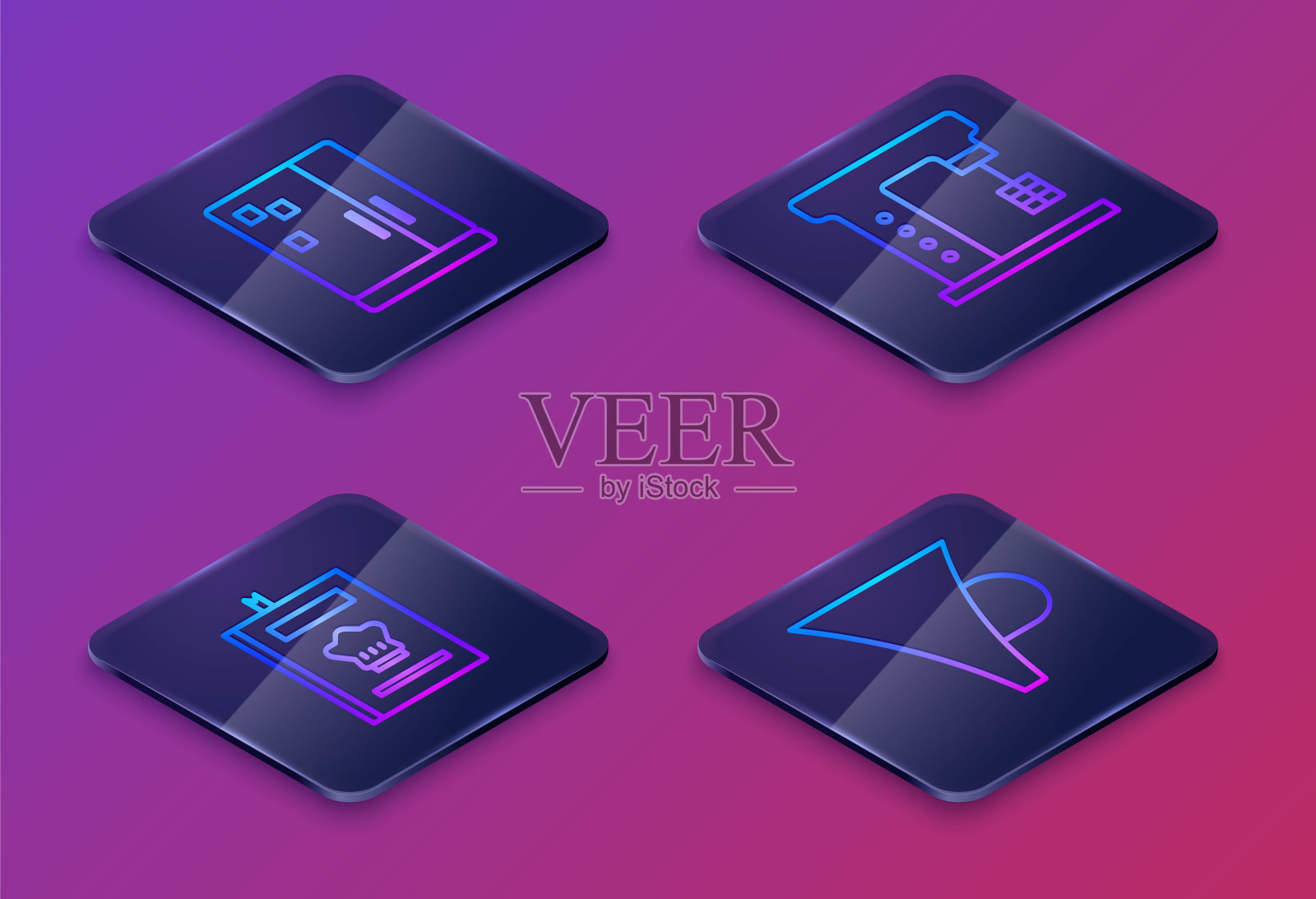 设置等距线冰箱，烹饪书，电动搅拌机和漏斗或过滤器。蓝色方形按钮。向量插画图片素材