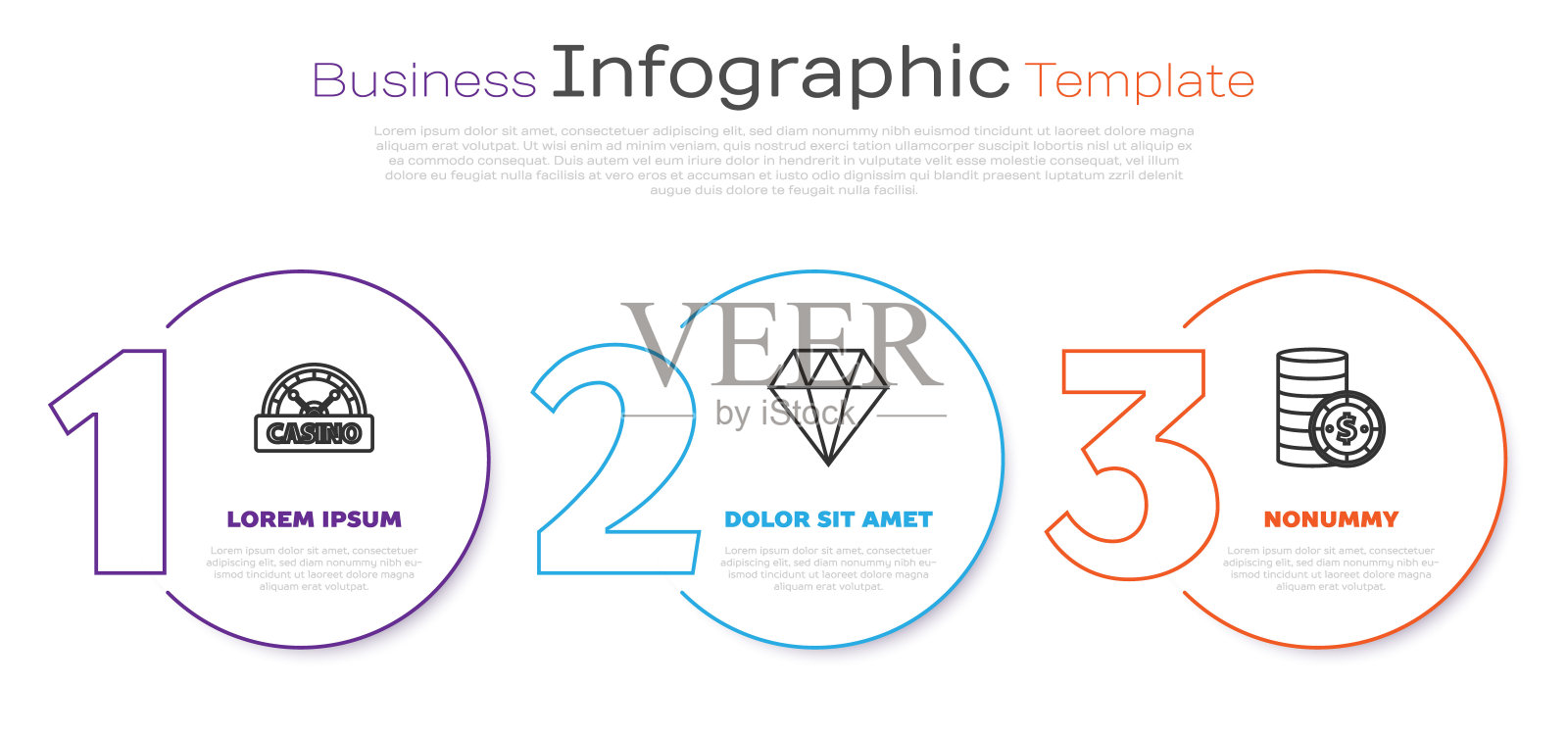 设置线赌场招牌，钻石和赌场筹码与美元。业务信息图表模板。向量设计模板素材