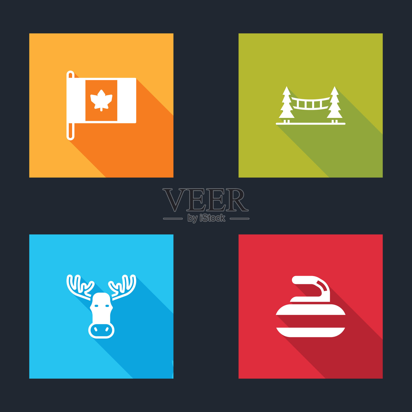 集加拿大国旗，卡皮拉诺吊桥，驼鹿头与角和石头为冰壶图标。向量图标素材