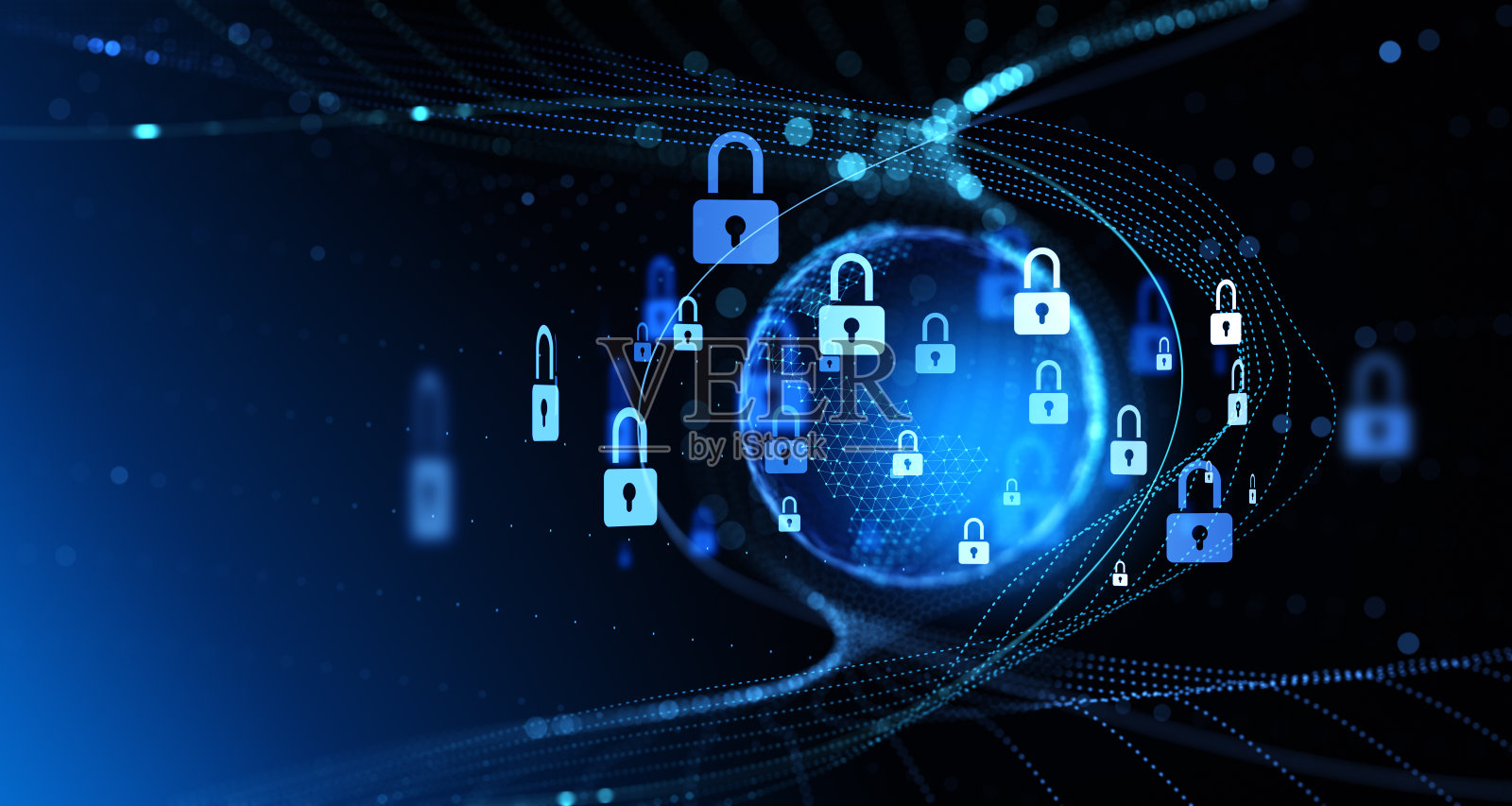 地球和网络安全全息图与锁和网络空间照片摄影图片