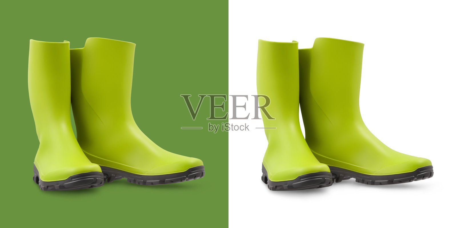 绿色胶靴。园艺或菜园和植物养护工具设备。对下雨也很有用。前视图隔离在白色和绿色背景。照片摄影图片