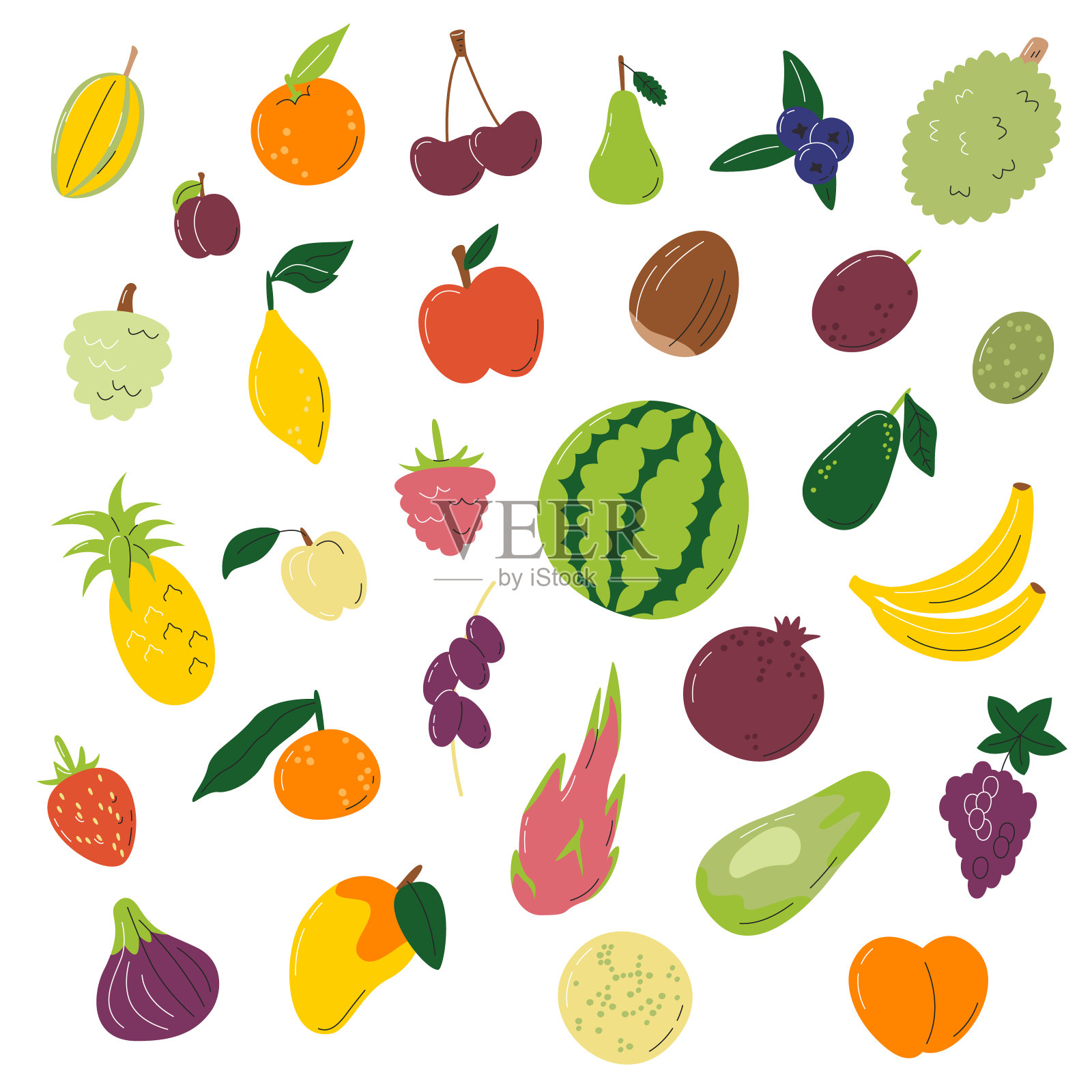 彩色成熟的热带奇异水果集孤立插画图片素材