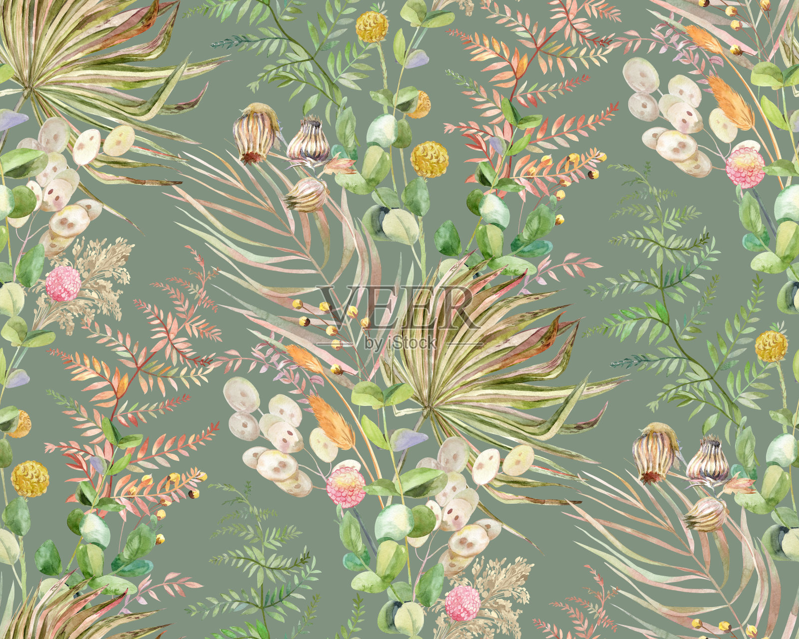 无缝水彩植物图案与热带棕榈叶和草药在波西米亚风格插画图片素材