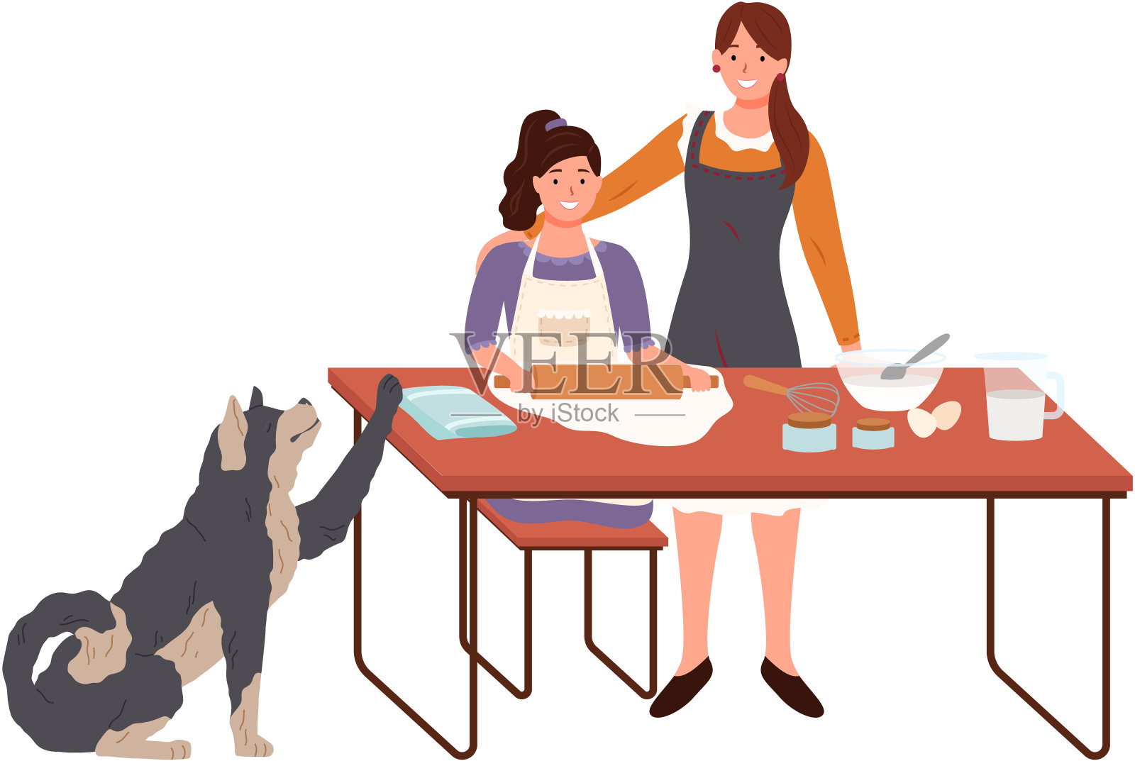 母女俩和狗一起煮面团。幸福的家庭花时间和宠物、家畜在一起插画图片素材