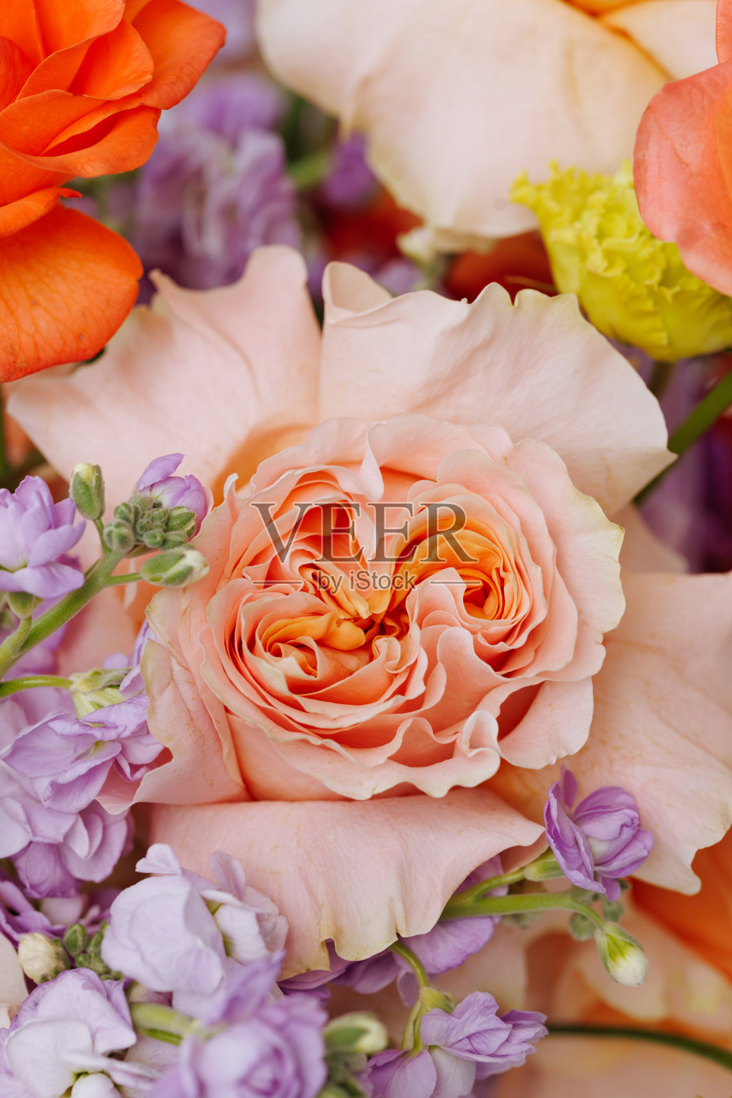 五颜六色的新娘花束。婚礼当天，新娘饰品照片摄影图片