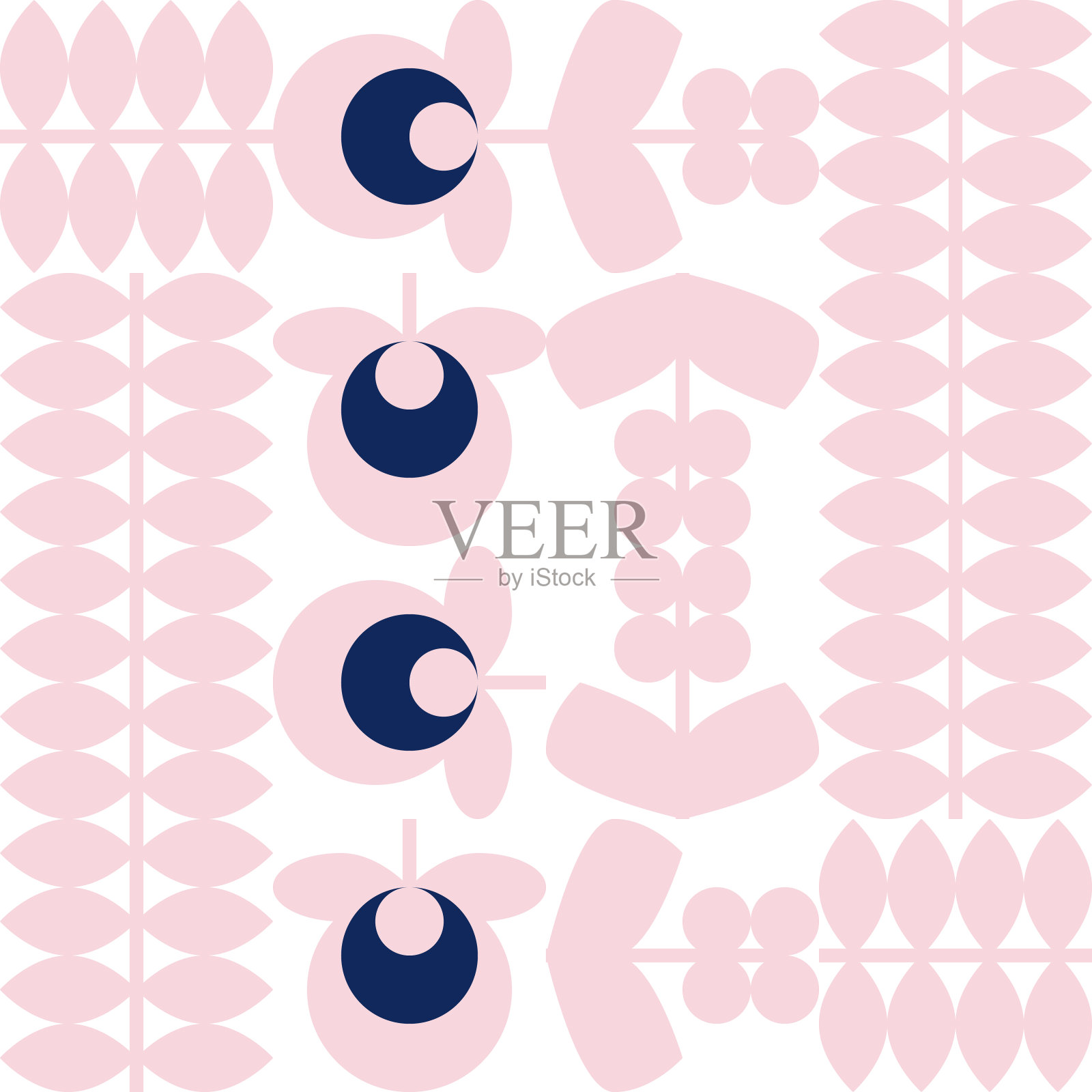 现代矢量抽象几何背景与风格化的花，叶和茎在复古复古民俗风格。柔和的彩色简单形状图形无缝图案。插画图片素材