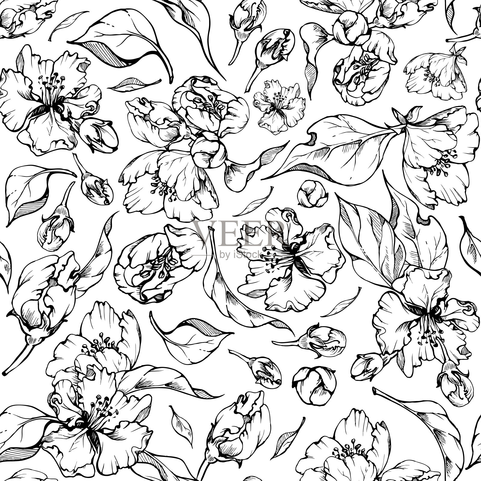 手绘墨汁苹果花，白花红叶绿。无缝模式。白色背景上孤立的物体。设计墙面艺术，婚礼，印花，织物，封面，卡片。插画图片素材