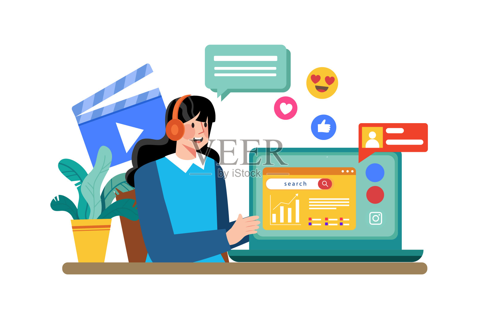 社交媒体营销人员将SEO关键词整合到社交媒体帖子中。插画图片素材