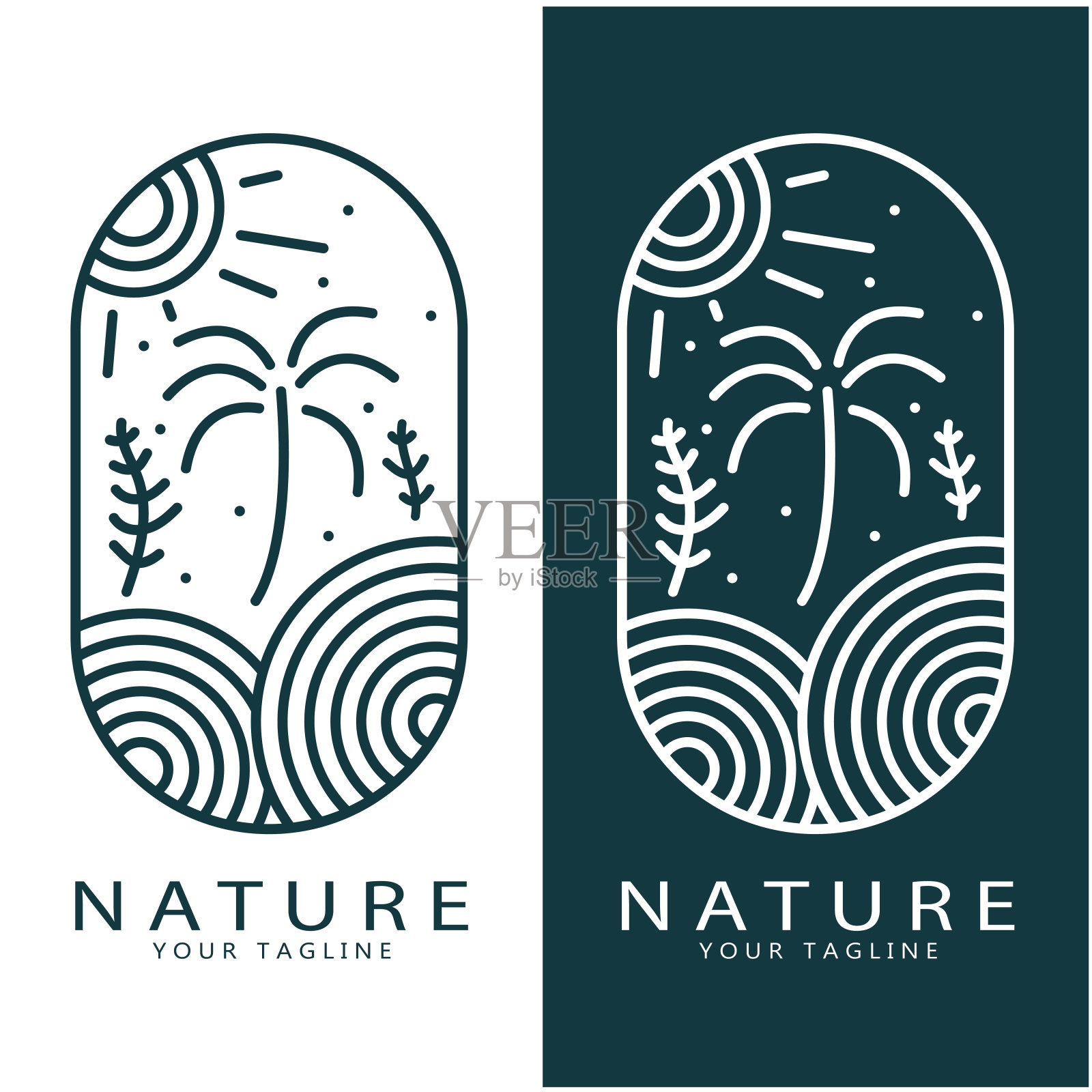 自然矢量标志。有树、有河、有海、有山、有商业标志、有旅游标志、有生态健康、插画图片素材