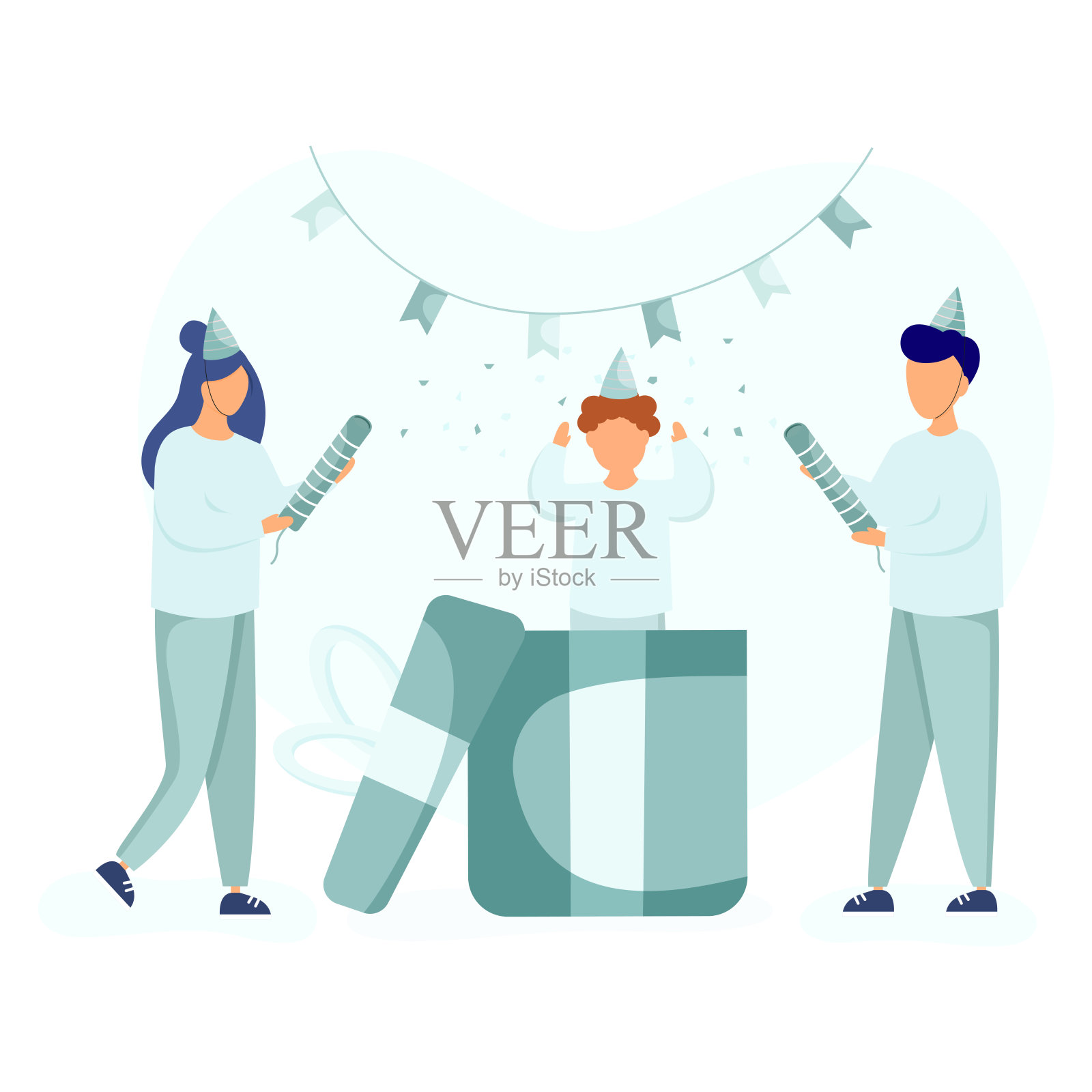 爸爸和妈妈用五彩纸屑庆祝孩子的生日。小男孩从巨大的礼品盒里跳了出来。生日快乐的概念。儿童一天插画图片素材