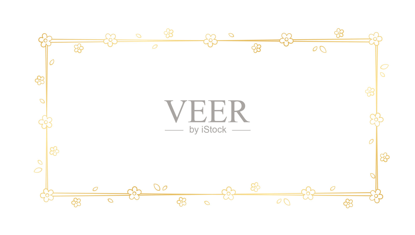 金矩形花框架轮廓涂鸦。植物边界模板，繁盛设计元素的婚礼，贺卡。插画图片素材