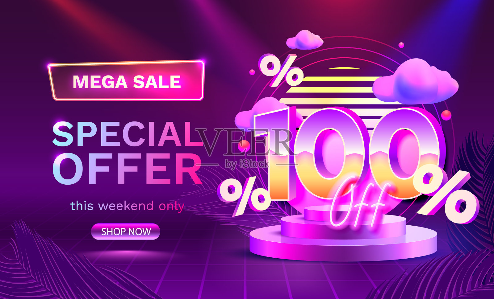 超级特惠，霓虹复古方式100折扣横幅。招牌推广。矢量图插画图片素材