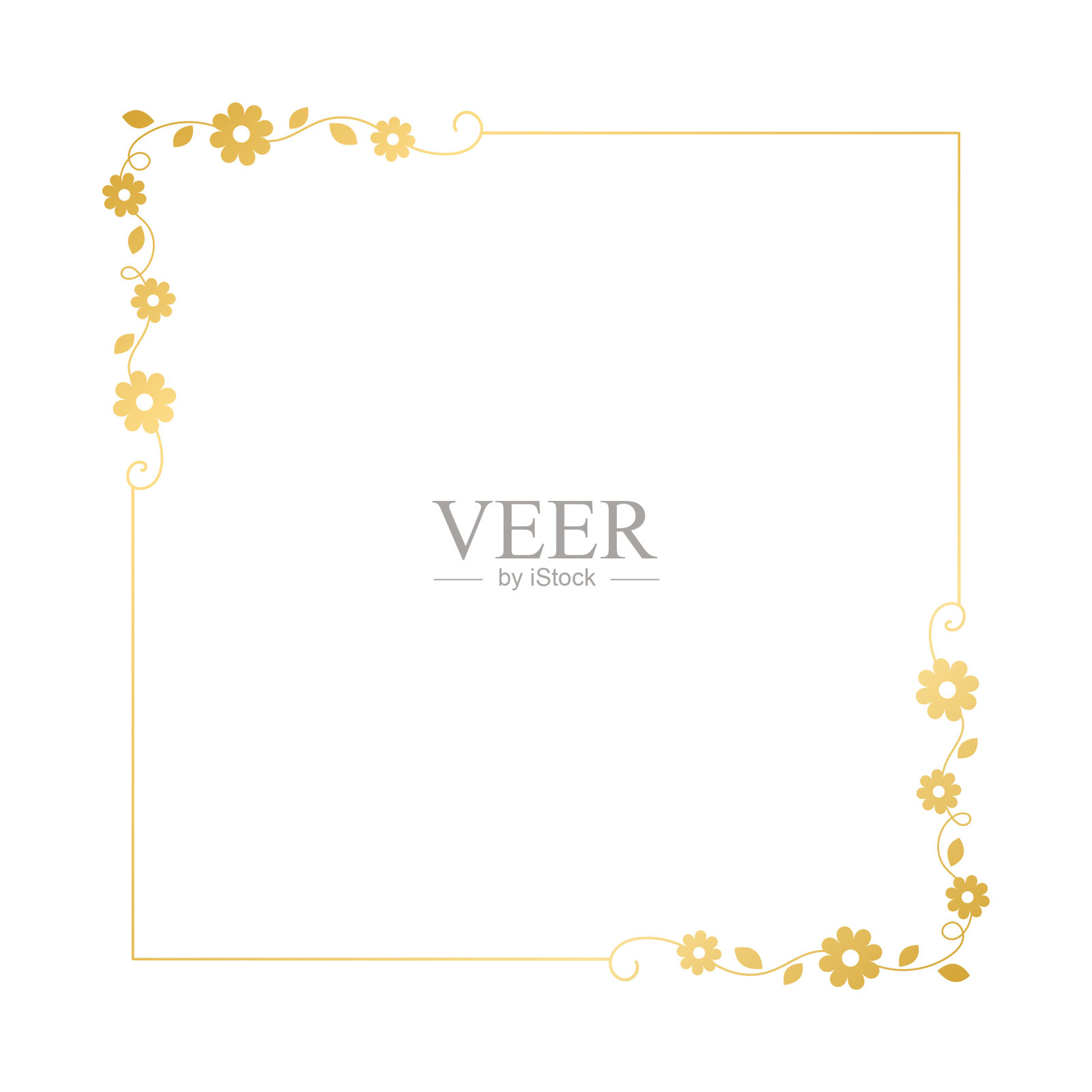 金色方形花框。优雅的线条边框，树叶和花朵，婚礼邀请和卡片，标志设计和海报模板。简单的最小风格植物矢量艺术。插画图片素材