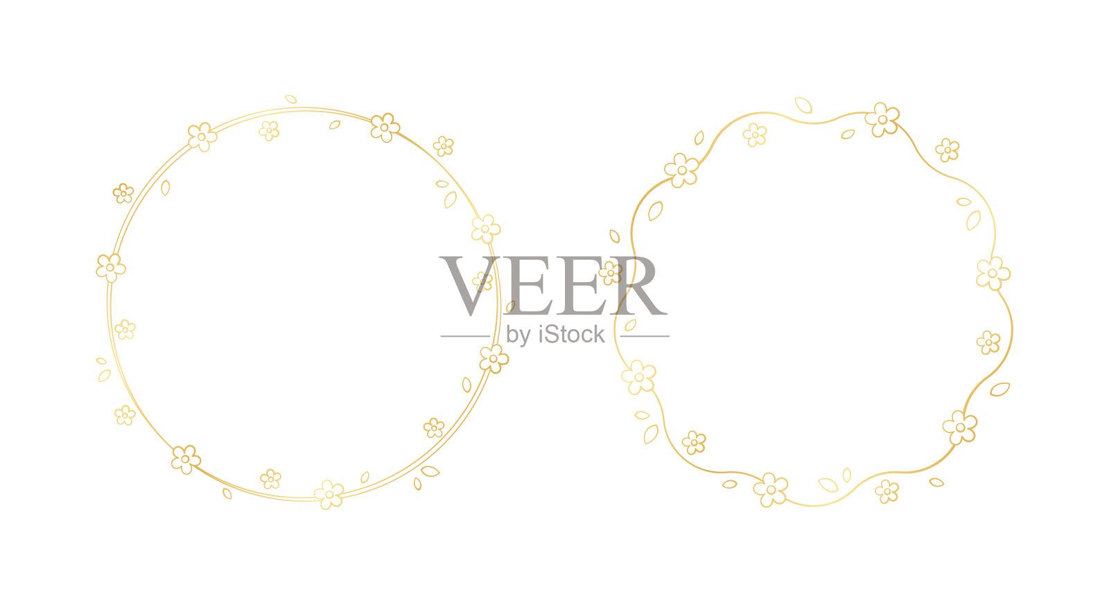 金色圆花框架轮廓涂鸦。春季植物圈边框模板，繁盛设计元素的婚礼，贺卡。插画图片素材