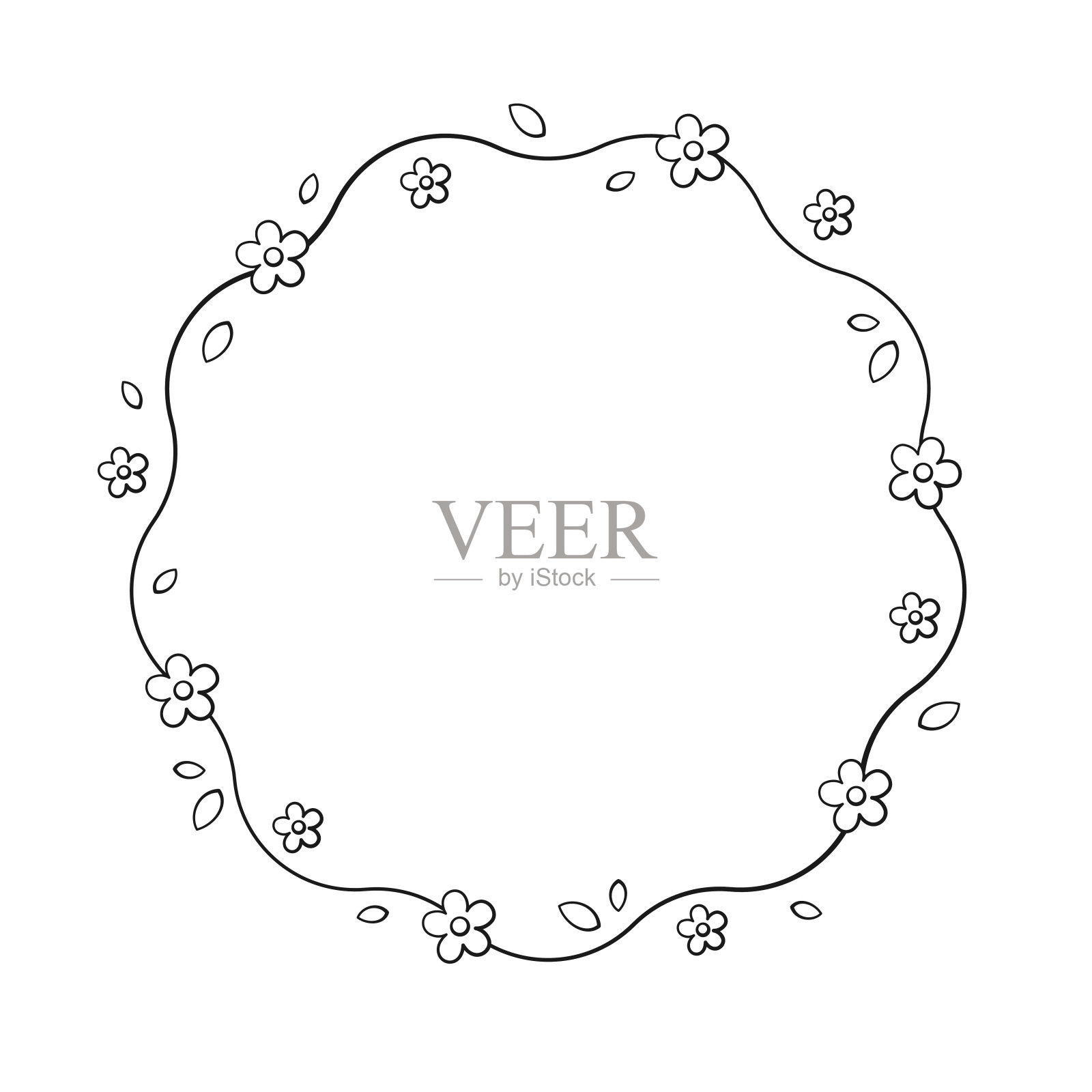 圆形花卉框架轮廓涂鸦。植物圈边界模板，繁盛设计元素的婚礼，贺卡。插画图片素材