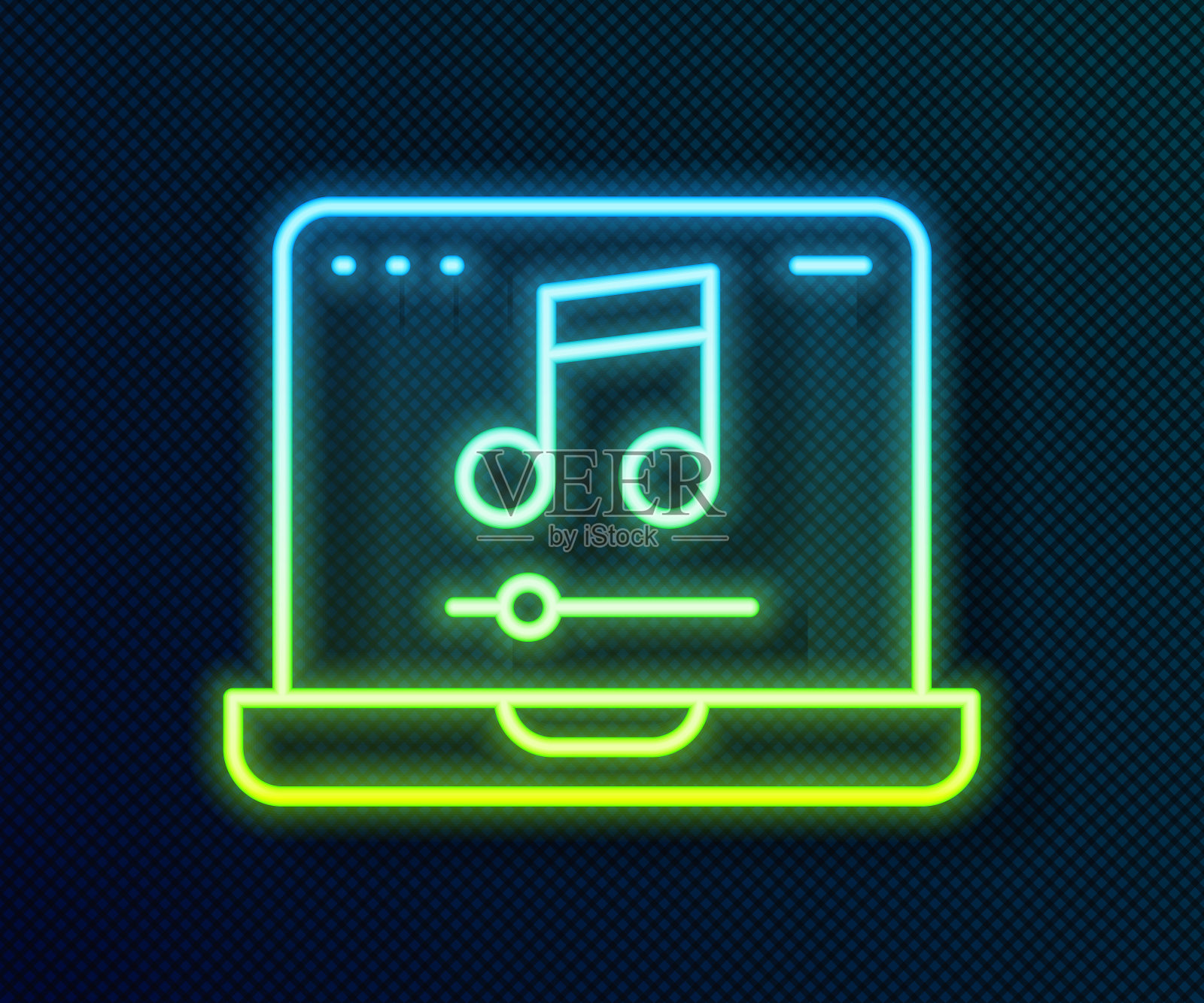 发光的霓虹灯线笔记本电脑与音乐笔记符号在屏幕图标孤立的黑色背景。向量插画图片素材