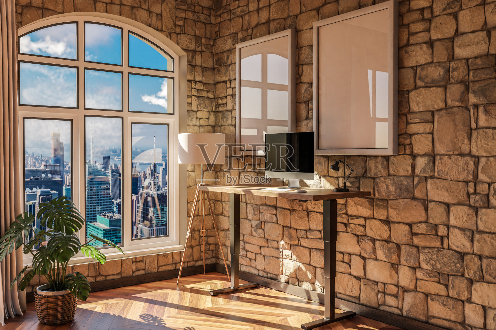 现代站立式办公桌PC工作场所日光市中心天际线办公室;家装设计与家庭办公理念;三维演示照片摄影图片