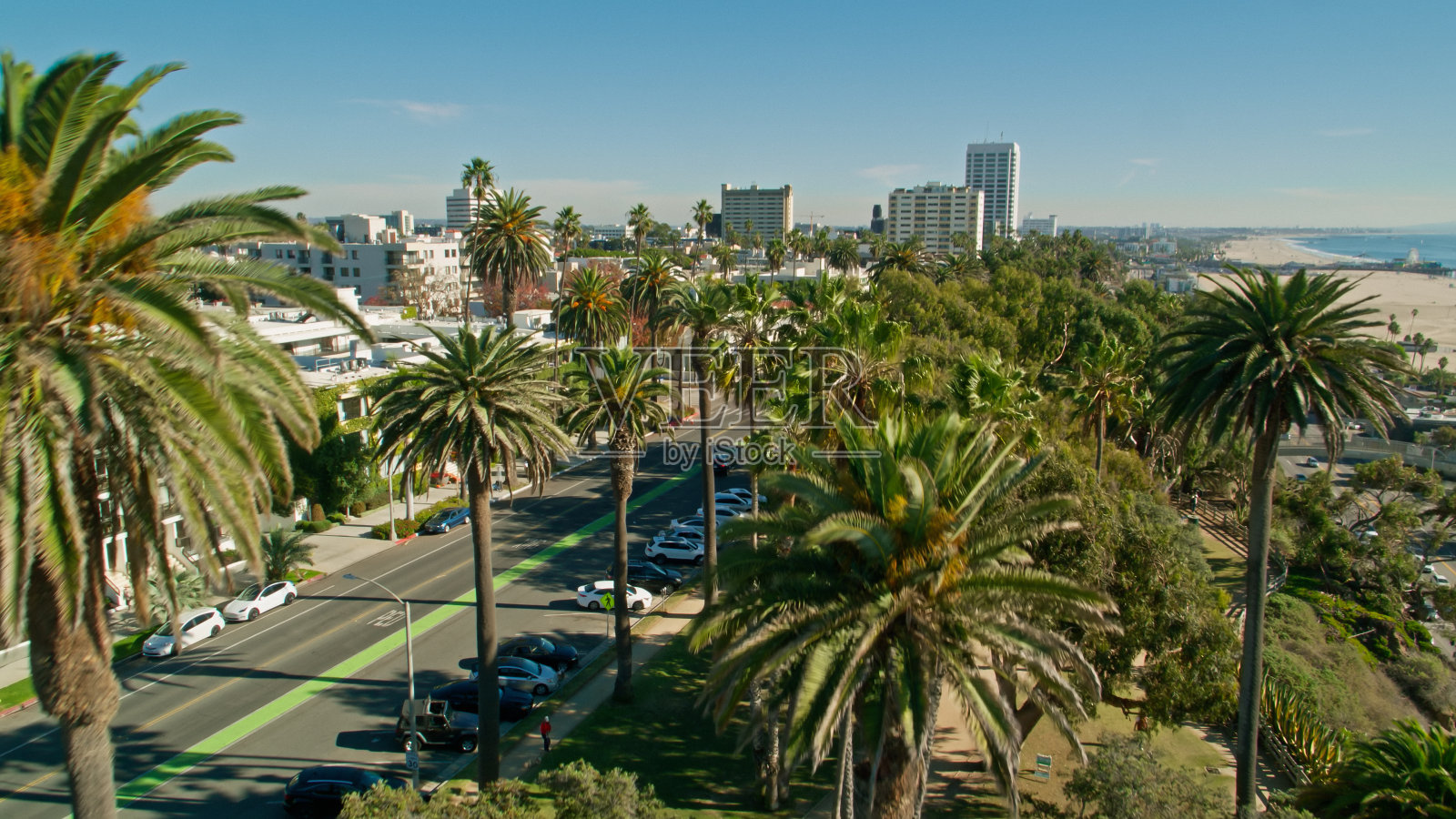 棕榈树和天际线在圣莫尼卡，加利福尼亚-航拍照片摄影图片