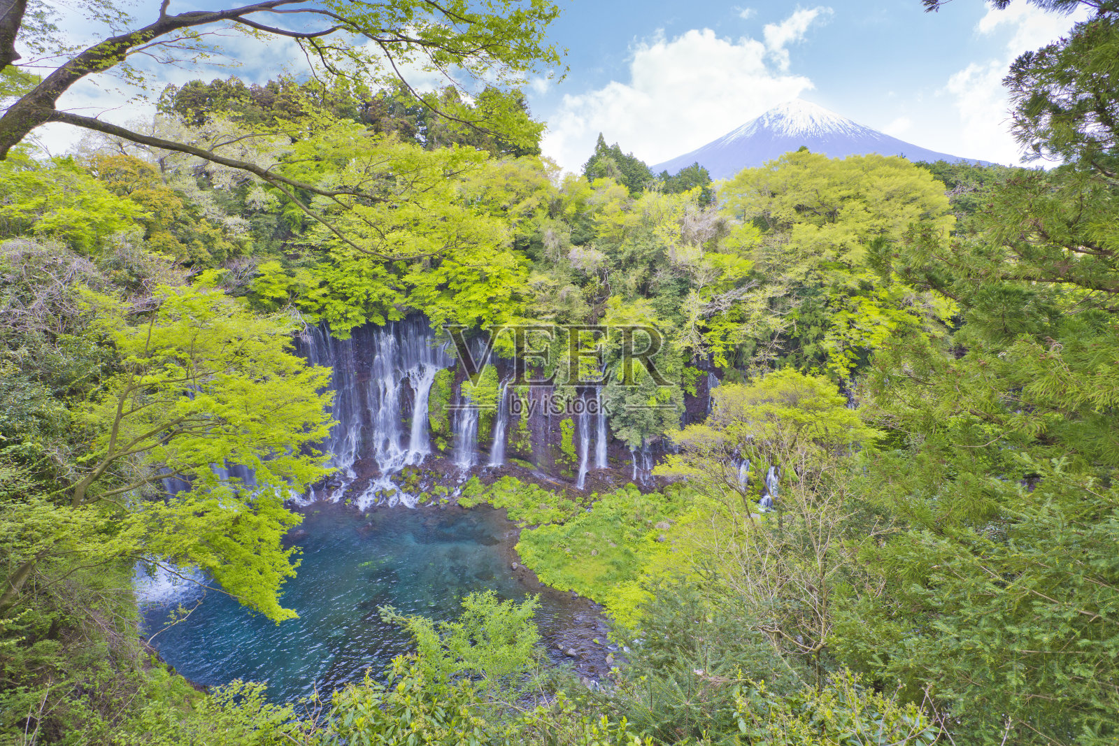 日本静冈县富士宫镇的白藤瀑布和富士山的景色。照片摄影图片