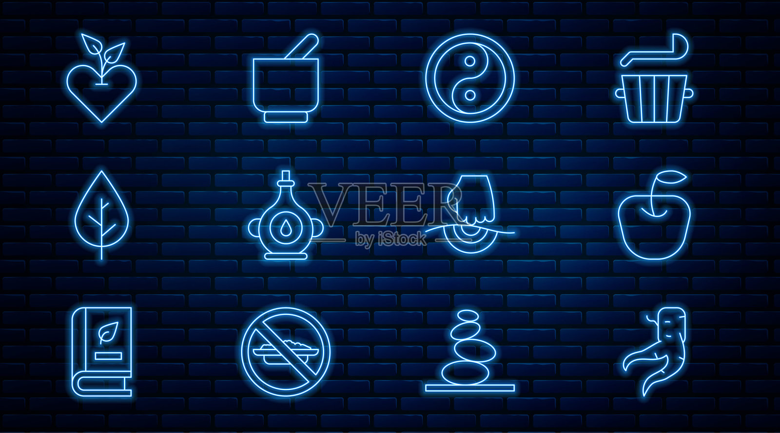 设置姜根，苹果，阴阳，油瓶，叶子，心脏，按摩和臼杵图标。向量图标素材