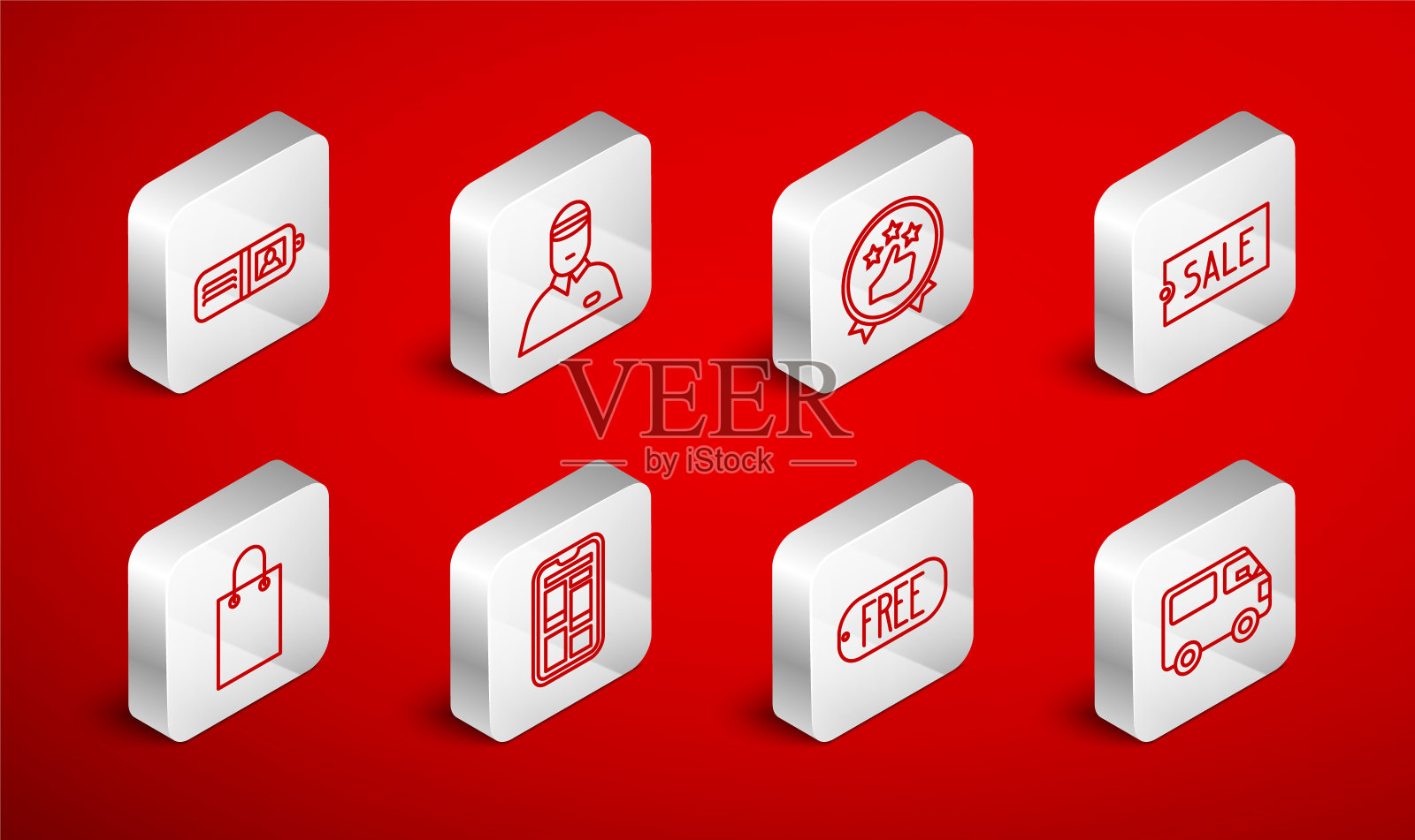 设置线交付货物卡车车辆，卖方，消费者或客户产品评级，价格标签文字销售，免费，钱包，网上购物电话和纸袋图标。向量图标素材