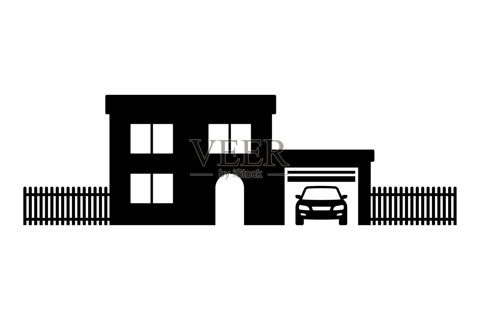 有车库图标的房子。黑色的轮廓。前视图。矢量简单的平面图形说明。白色背景上的孤立物体。隔离。图标素材