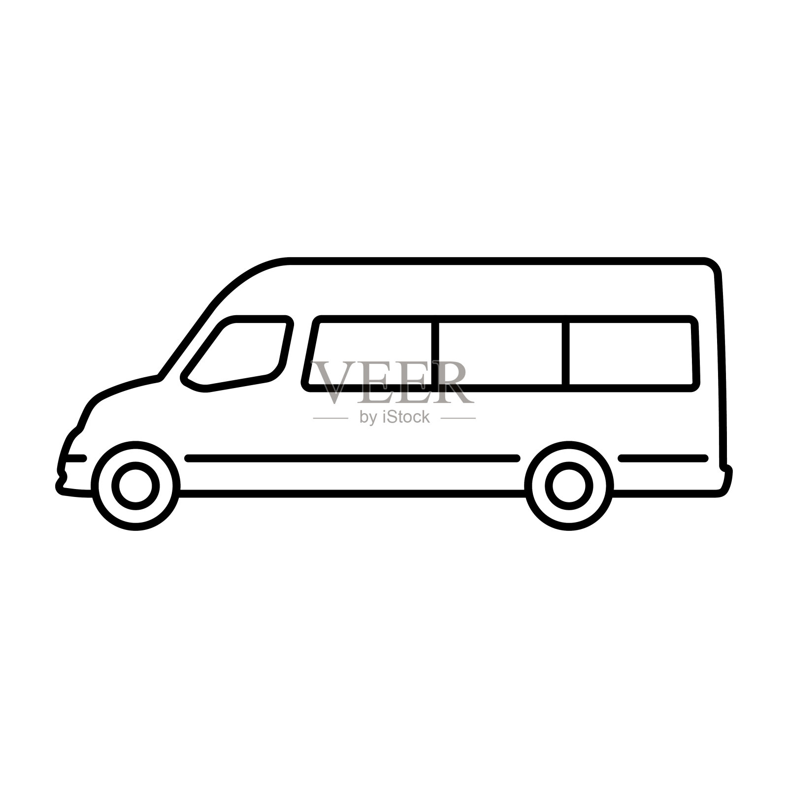 小型公共汽车图标。黑色轮廓线轮廓。侧视图。可编辑的中风。矢量简单的平面图形说明。白色背景上的孤立物体。隔离。插画图片素材