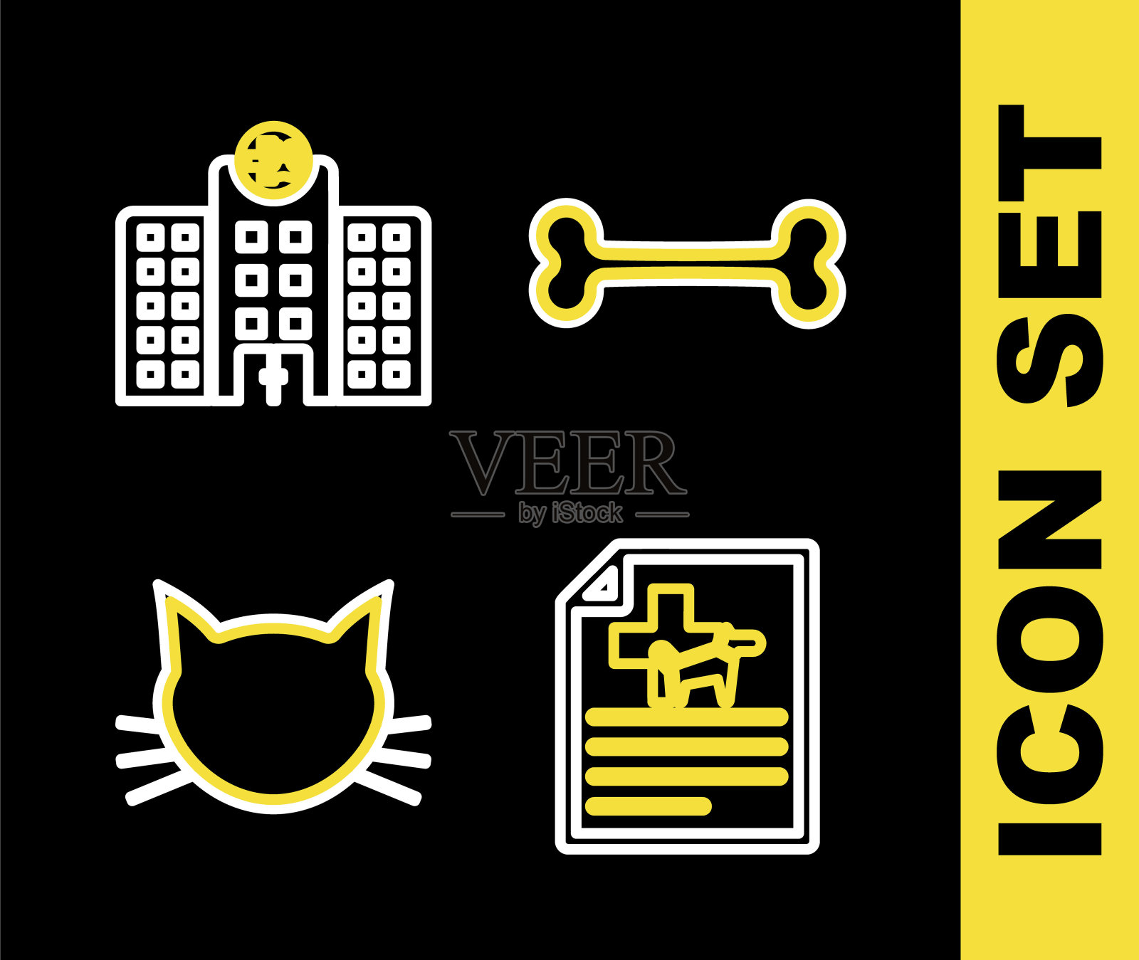 设置线狗骨，狗或猫的医学证明，猫和兽医医院的图标。向量图标素材