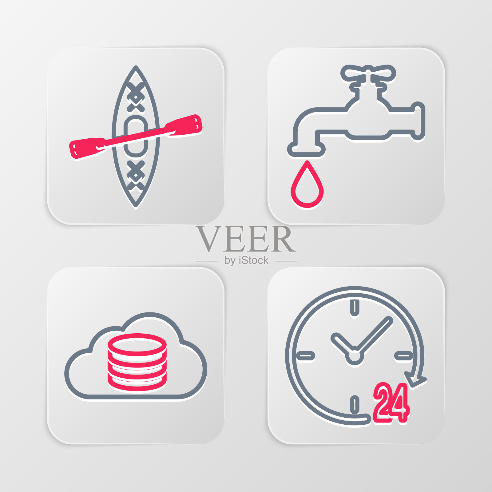 设置线路时钟24小时，云数据库，水龙头和皮艇和划桨图标。向量图标素材