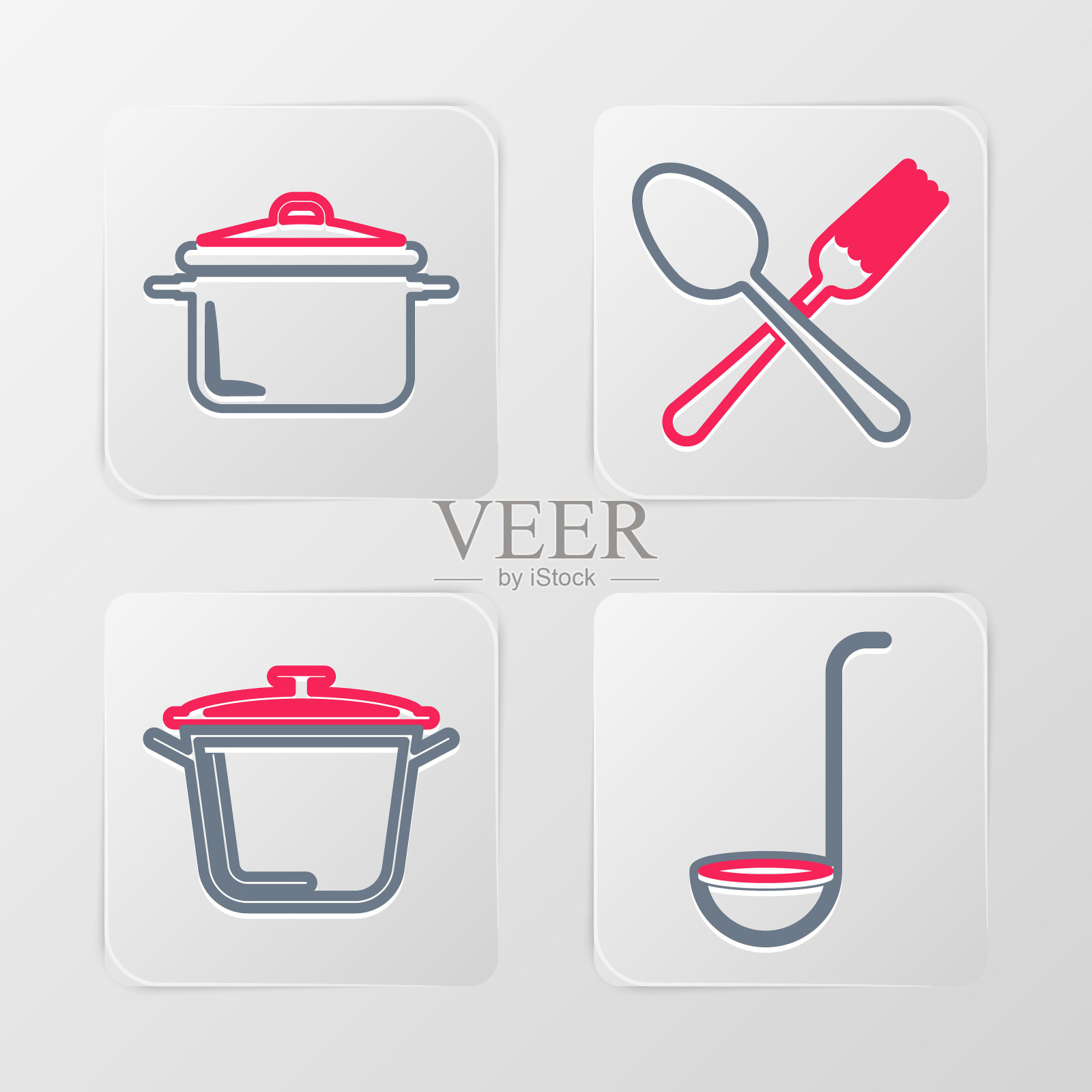 设置线厨房勺子，烹饪锅，交叉叉和勺子和图标。向量图标素材